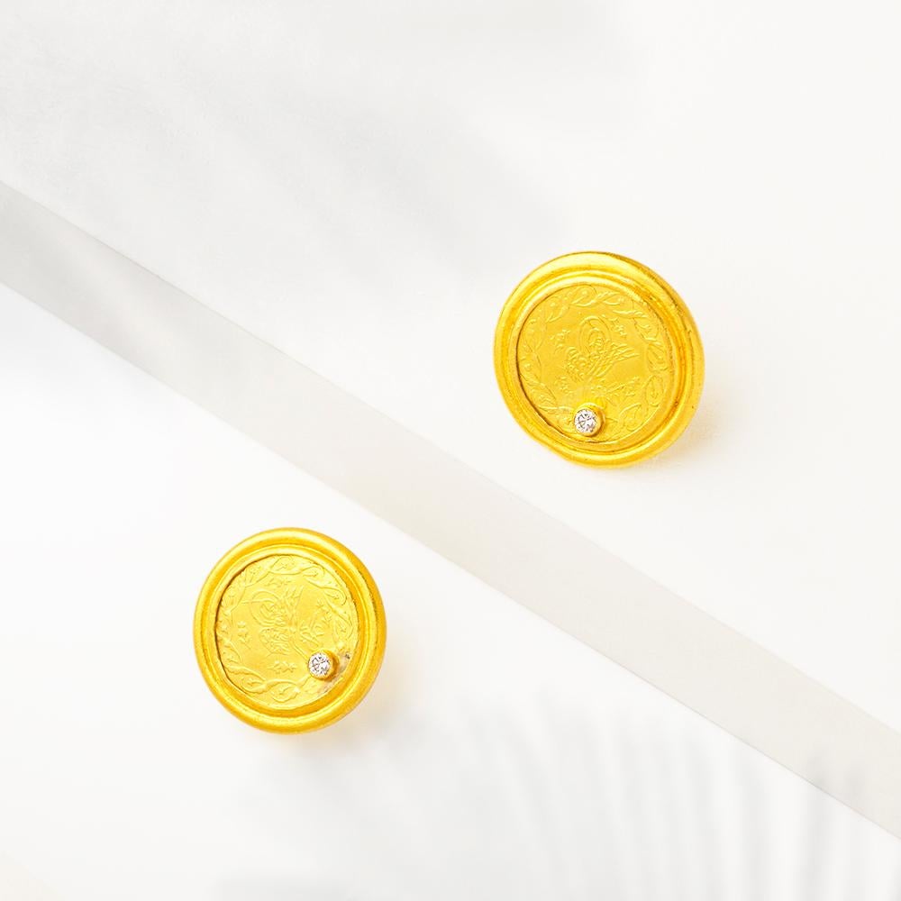 Handcrafted 24K Gold Ottoman Coins Earrings with Diamonds In New Condition In Istanbul, TR