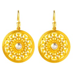 Handcrafted 24K Gold Sunburst Pattern Dangling Earrings with Diamonds