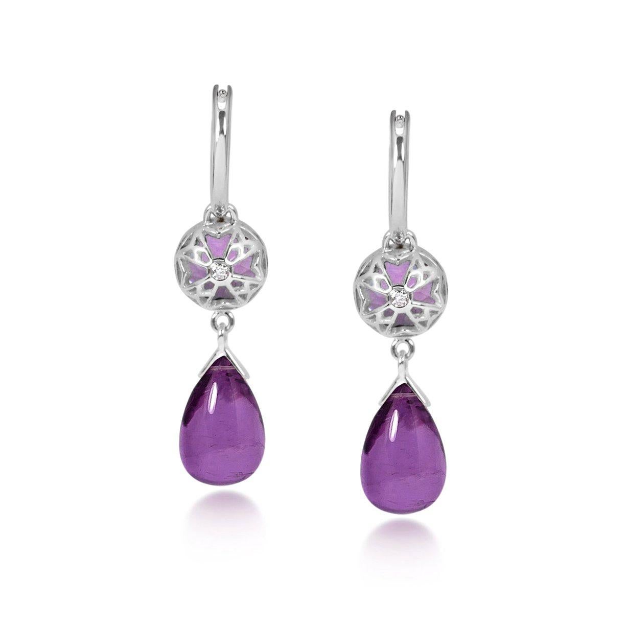 Contemporary Handcrafted 2.40 & 6.20 Carats Amethysts 18 Karat White Gold Drop Earrings For Sale