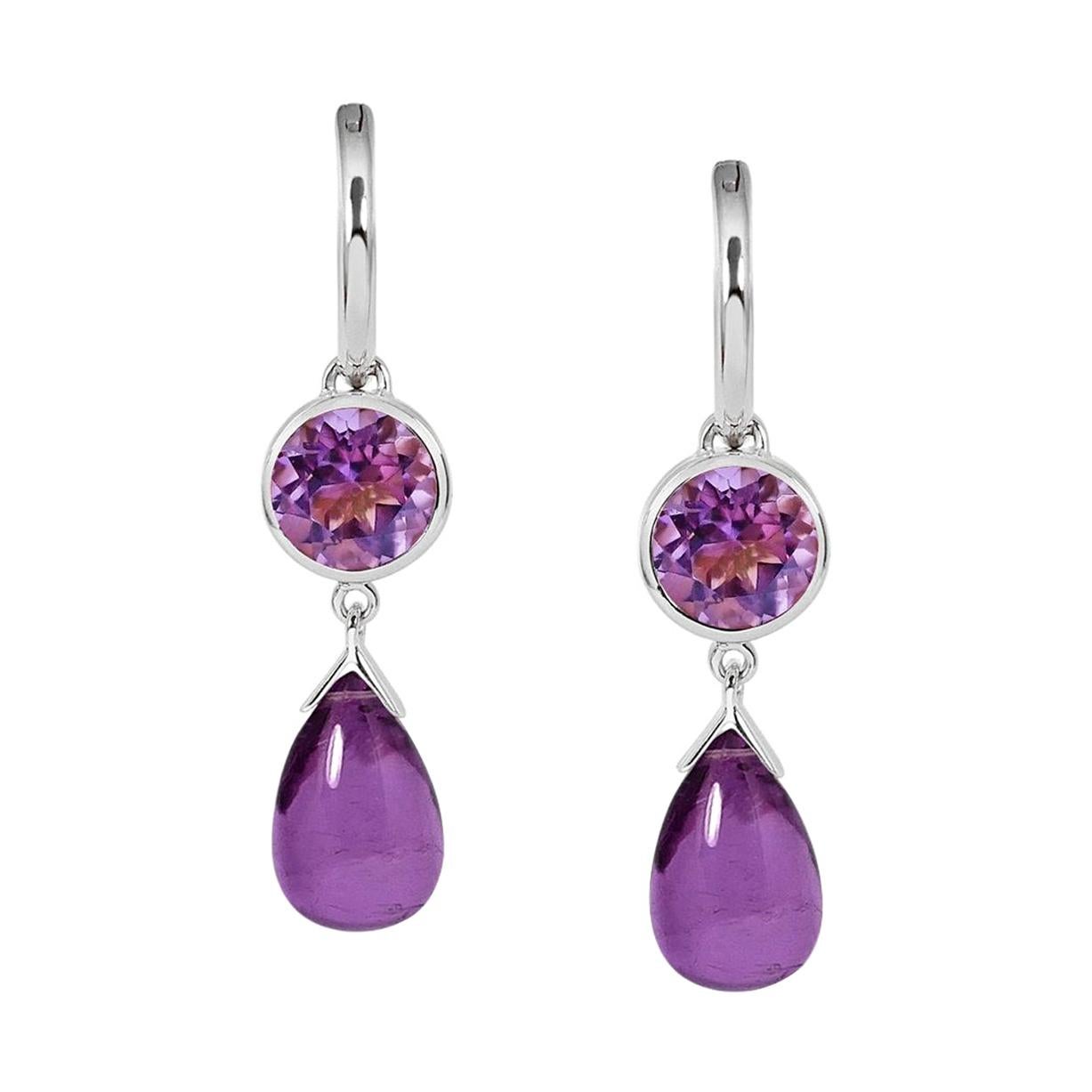 Handcrafted 2.40 & 6.20 Carats Amethysts 18 Karat White Gold Drop Earrings For Sale