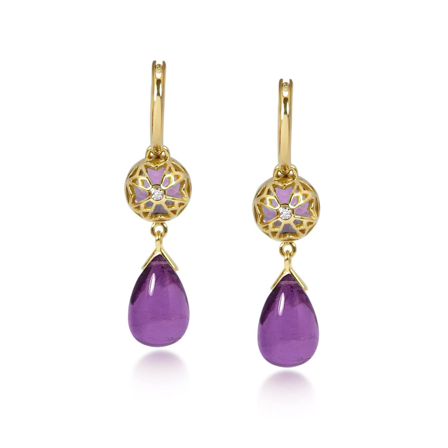 Handcrafted 2.40 & 6.20 Carats Amethysts 18 Karat Yellow Gold Drop Earrings. Dancing drops carved in Amethyst under a set of 8mm round cut Amethyst stones encased in our iconic hand pierced gold lace to let the light through. A diamond has been set