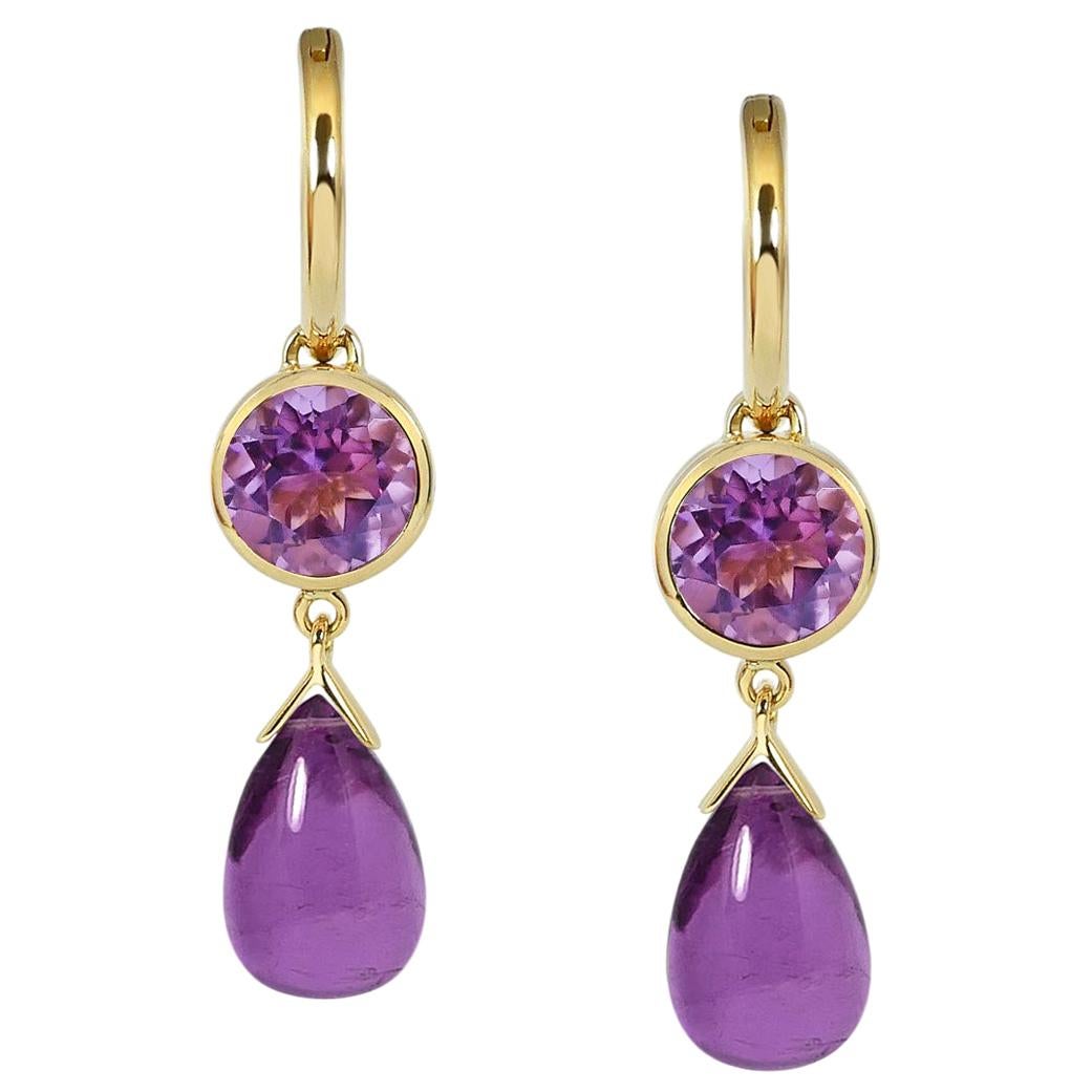 Handcrafted 2.40 & 6.20 Carats Amethysts 18 Karat Yellow Gold Drop Earrings For Sale