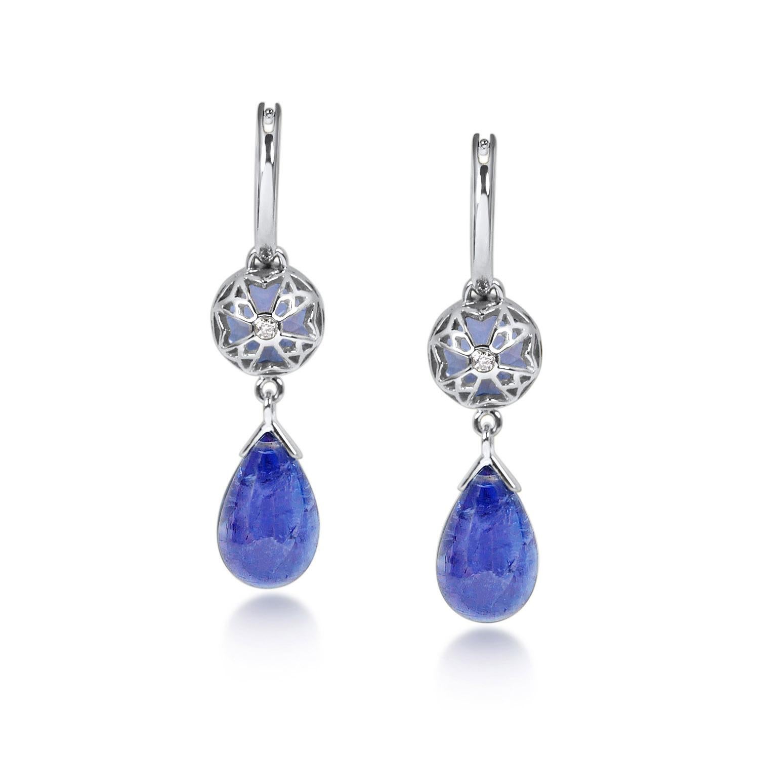 Contemporary Handcrafted 2.80 & 10.95 Carats Tanzanites 18 Karat White Gold Drop Earrings For Sale