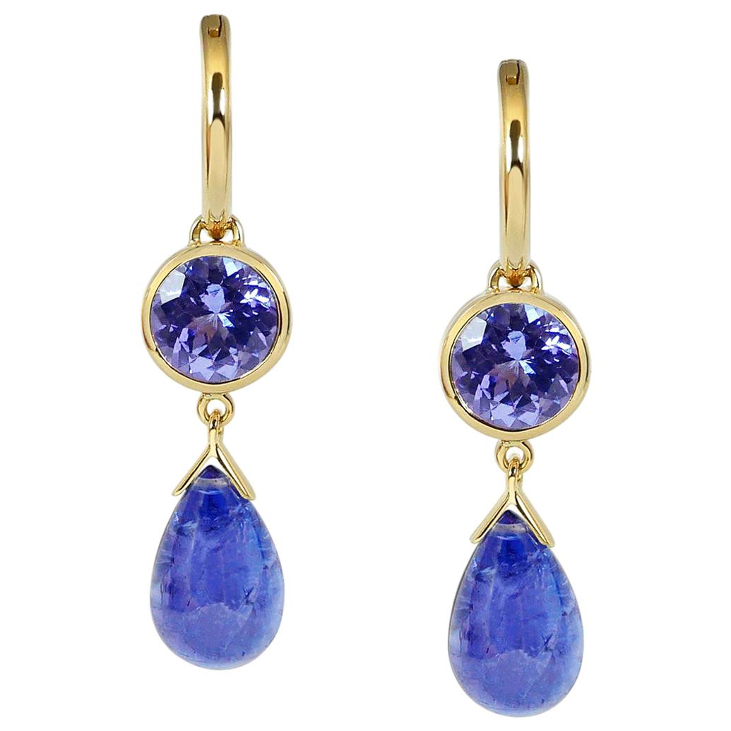 Handcrafted 2.80 & 10.95 Carats Tanzanites 18 Karat Yellow Gold Drop Earrings For Sale