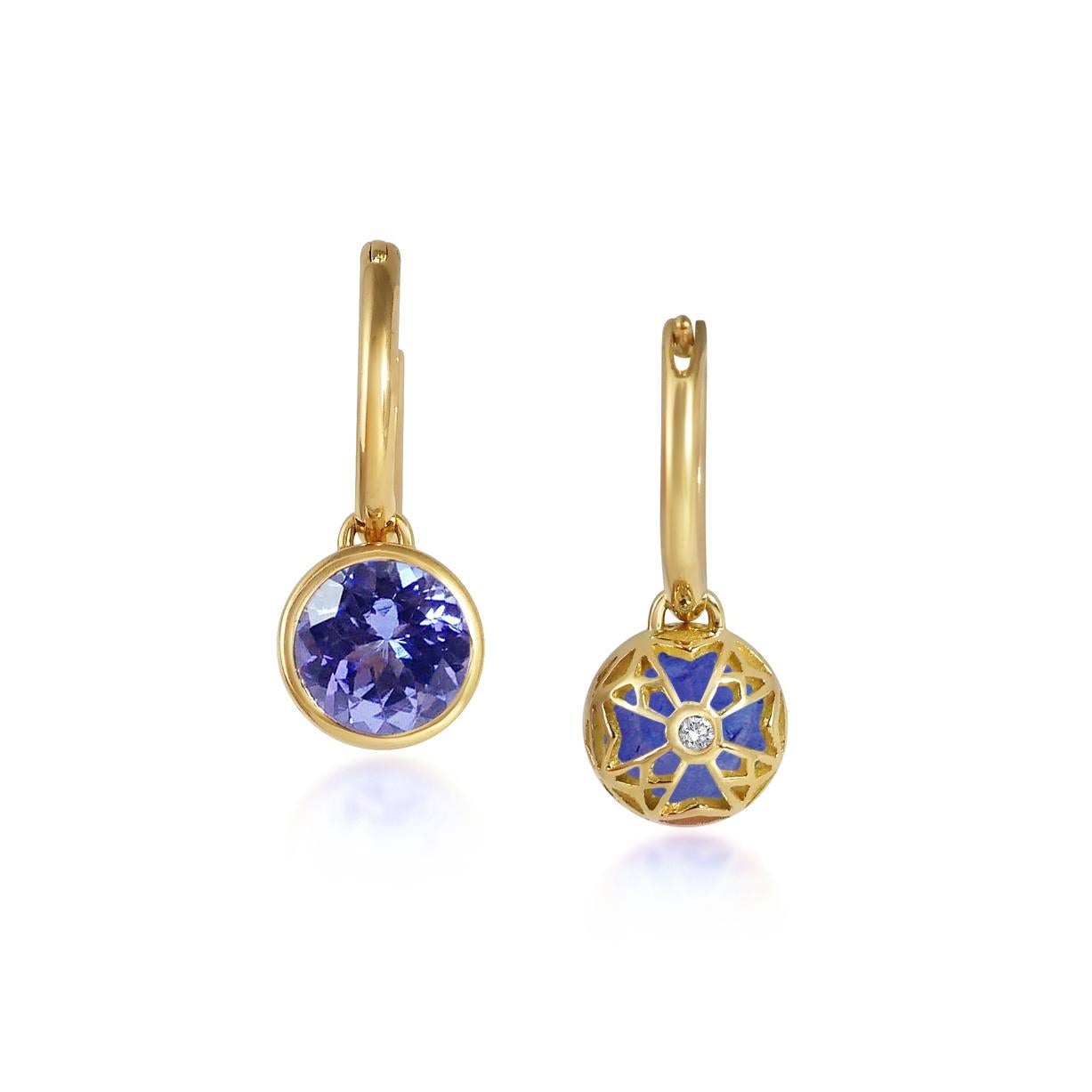 Handcrafted 2.80 Carats Tanzanite 18 Karat Yellow Gold Drop Earrings. The 8mm natural stones are set in our iconic hand pierced gold lace to let the light through. Our precious and fine stones on our dangling earrings are highlighted by a diamond on