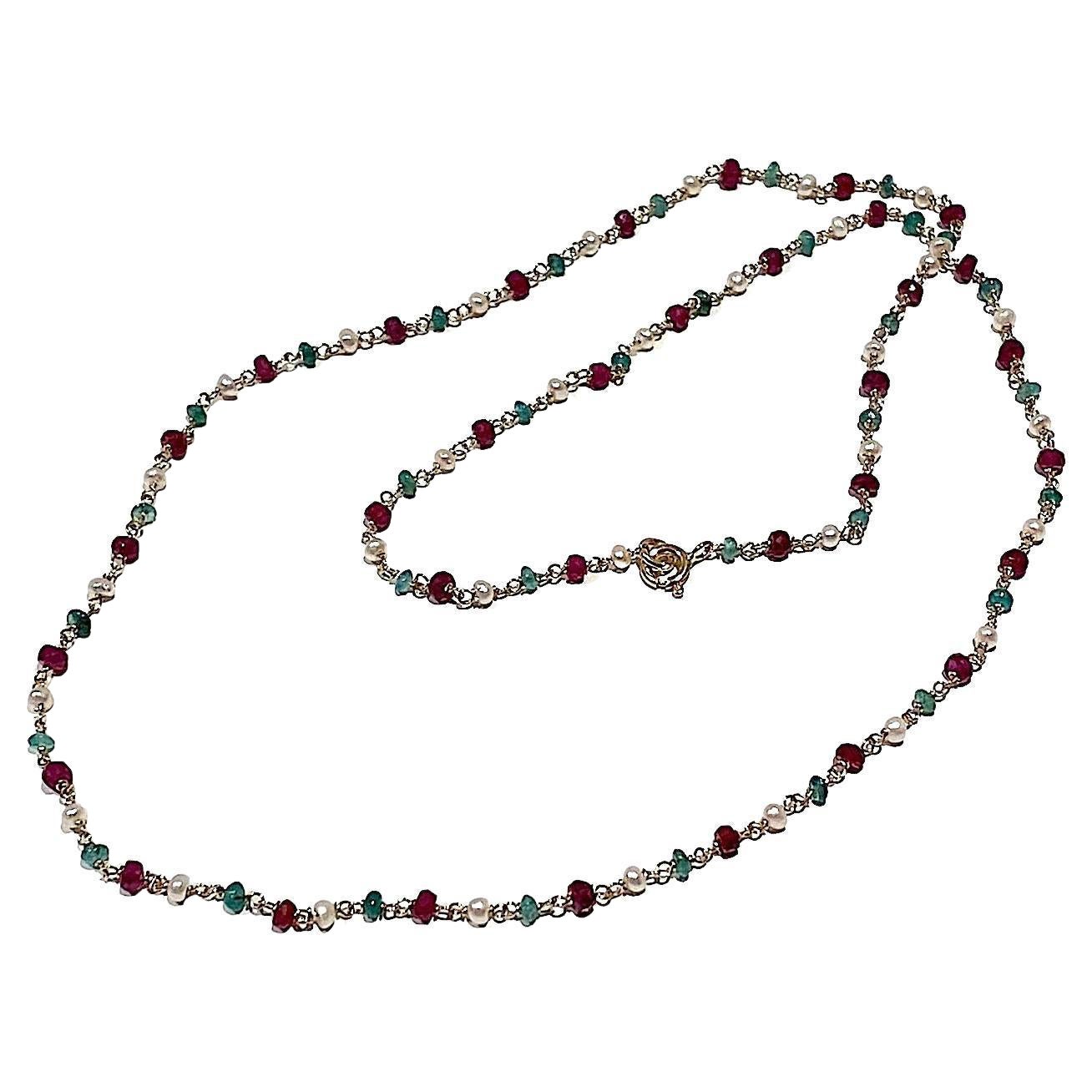 Collier artisanal perlé d'émeraudes 3 carats en or jaune 18 carats et grenats