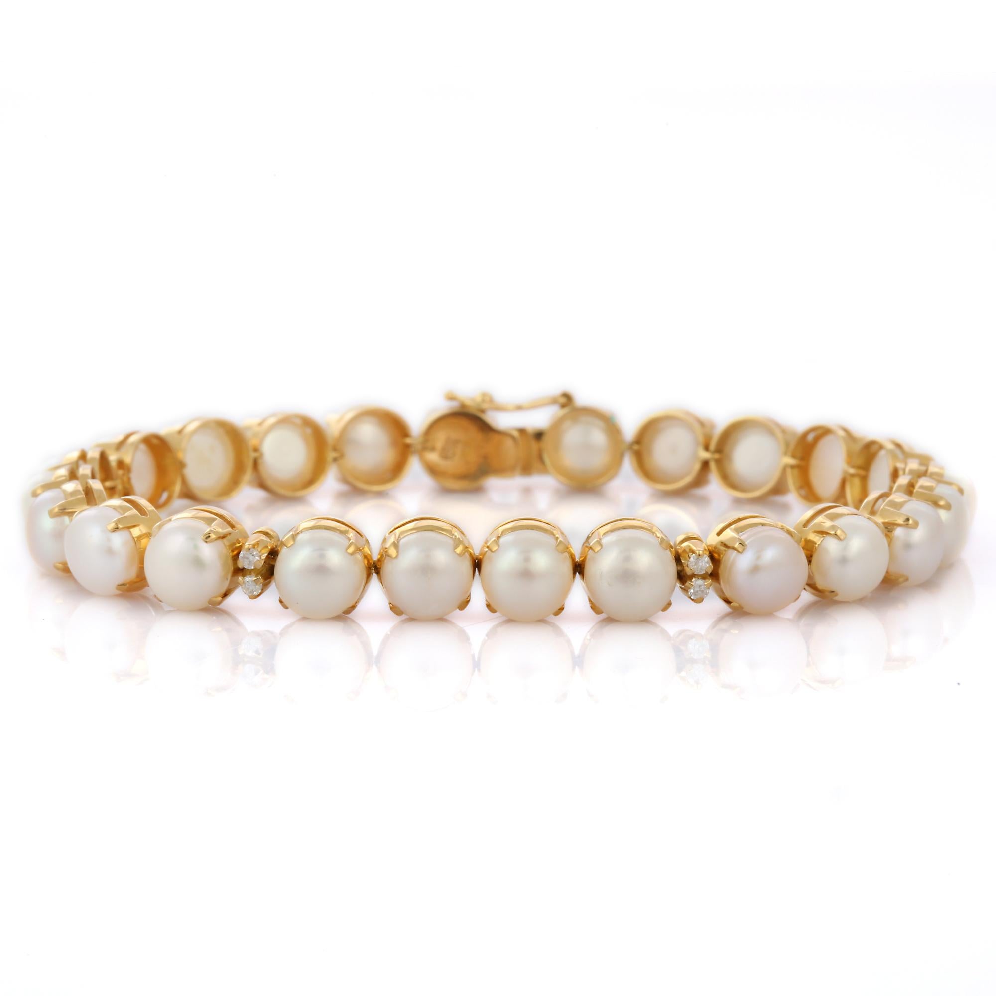 Pearl and Diamond bracelet in 18K Gold. It has a perfect round cut gemstone to make you stand out on any occasion or an event. 
A tennis bracelet is an essential piece of jewelry when it comes to your wedding day. The sleek and elegant style