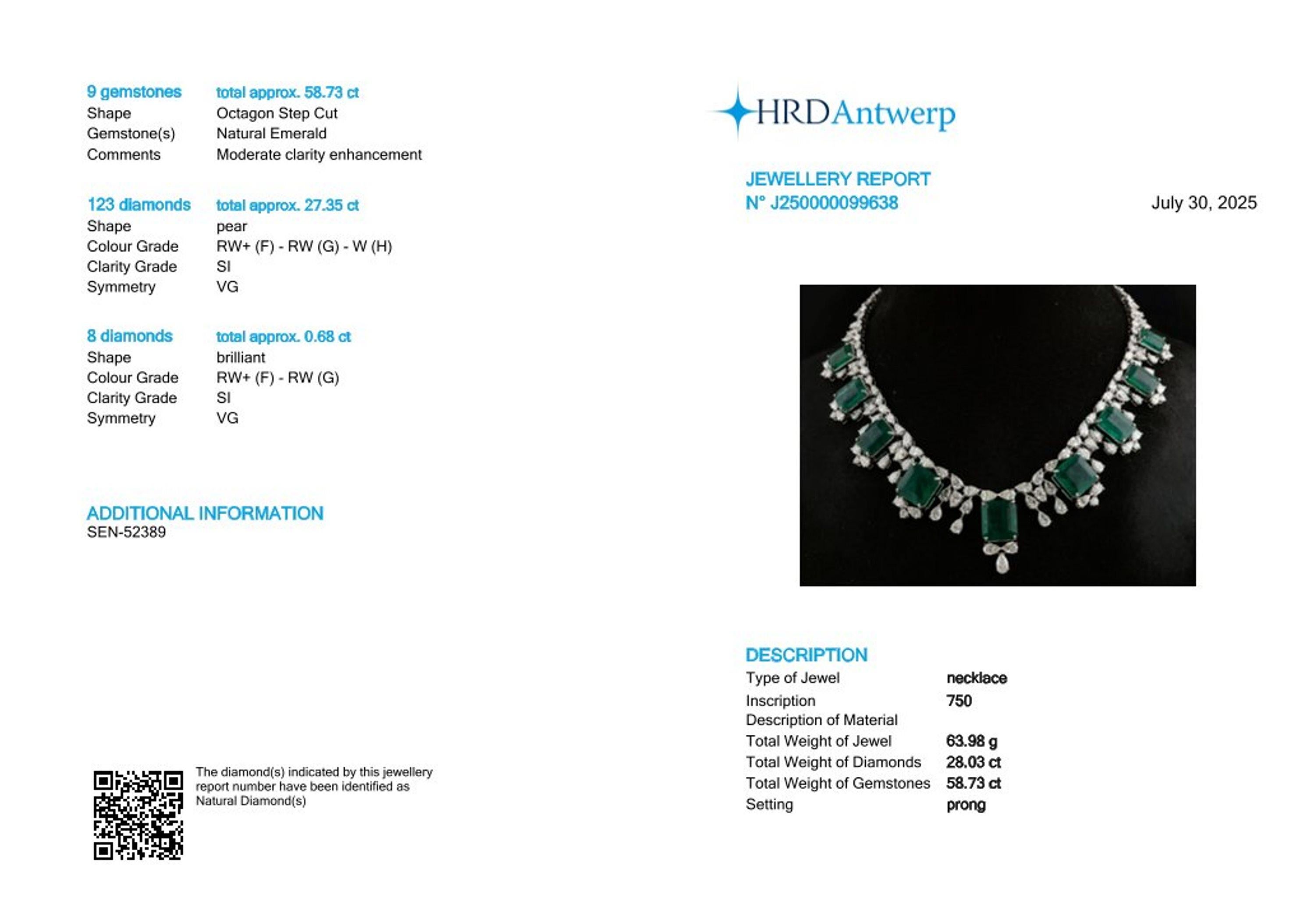 Art Deco HRD Certified 58.73Ct Emerald 28.03Ct Diamond Wedding Necklace 18K White Gold For Sale
