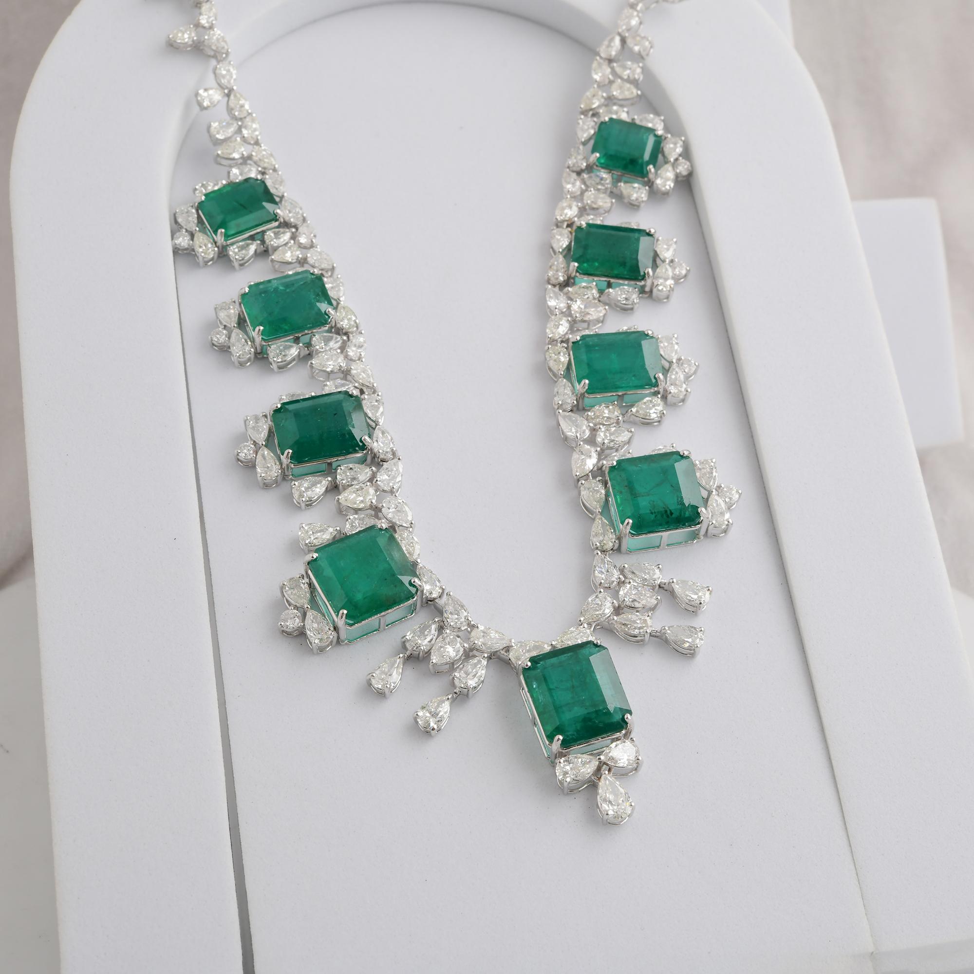 Art Deco Handcrafted 58.73Ct Emerald & 28.03Ct Diamond Statement Necklace with 18K Gold For Sale
