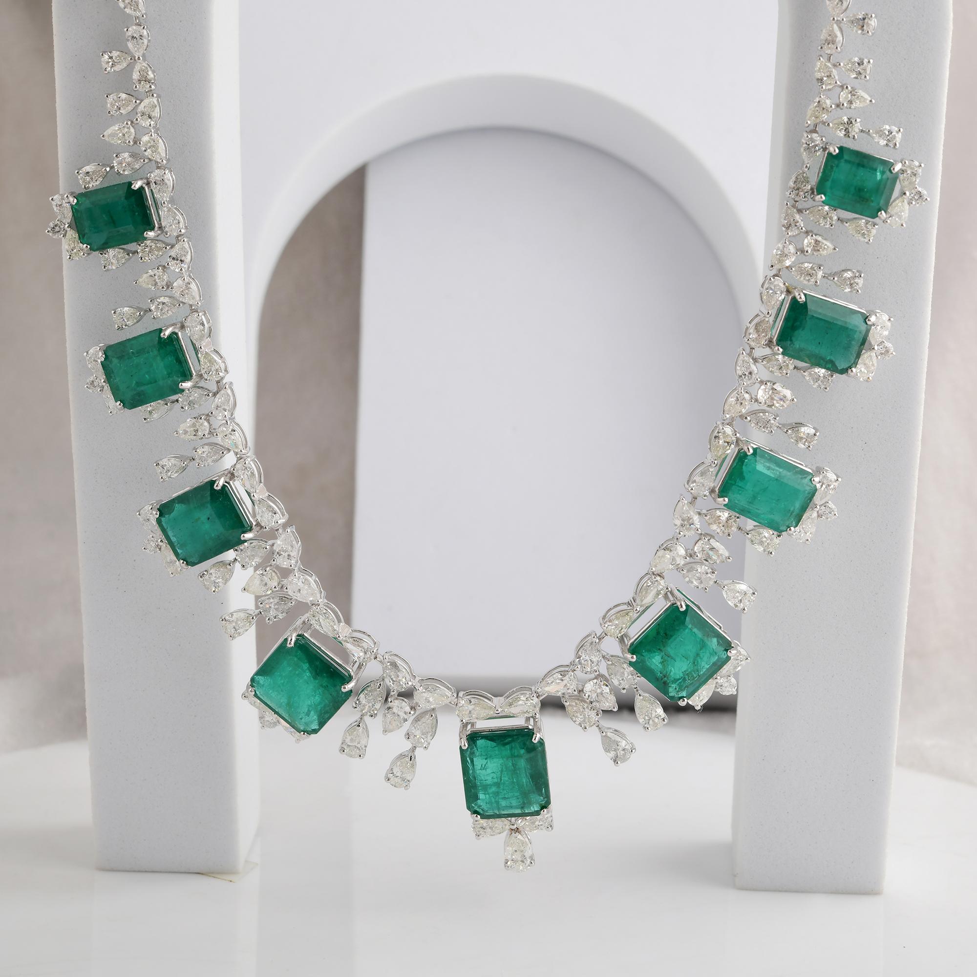 Octagon Cut Handcrafted 58.73Ct Emerald & 28.03Ct Diamond Statement Necklace with 18K Gold For Sale