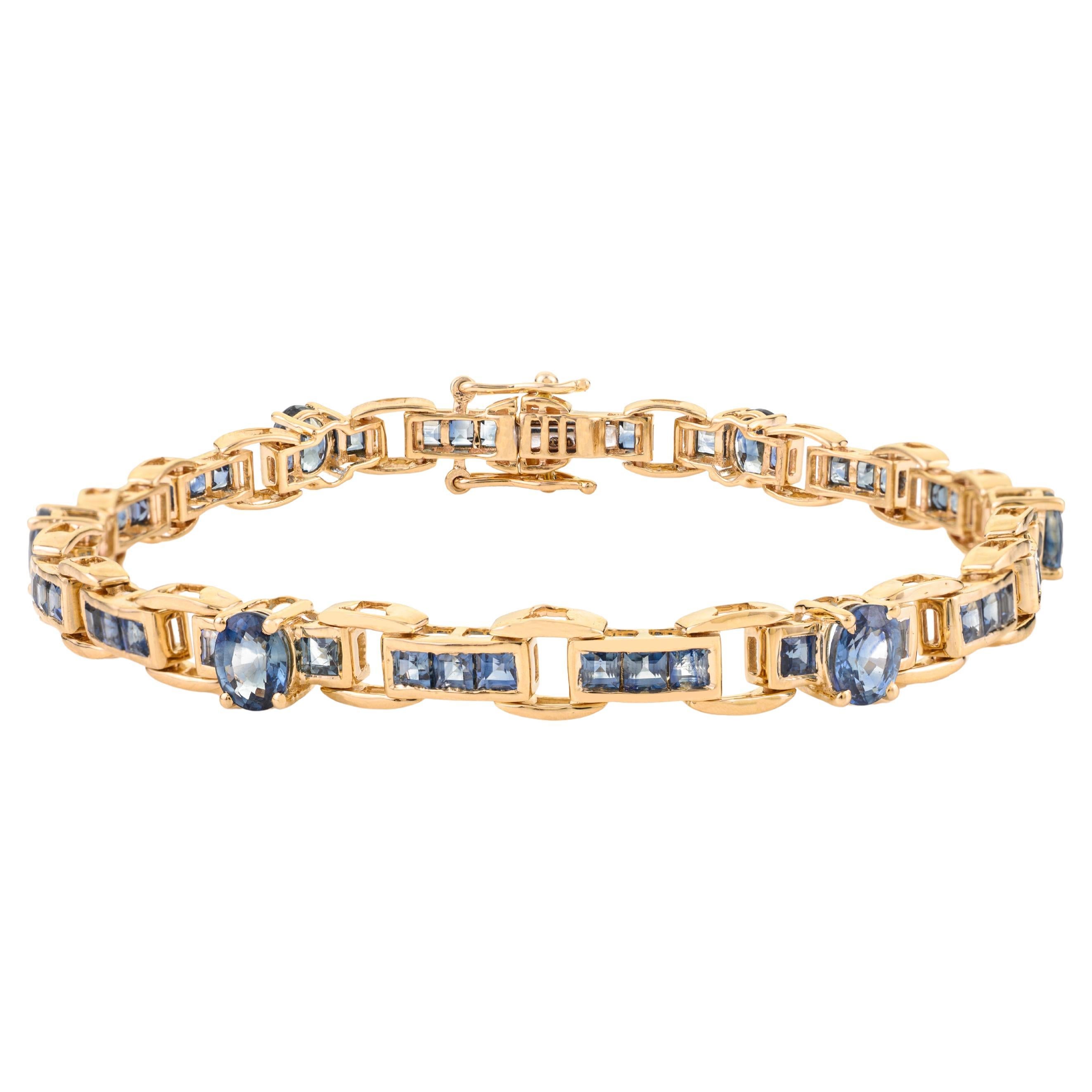 Handcrafted 6.51 CTW Blue Sapphire Link Bracelet in Solid 14K Yellow Gold