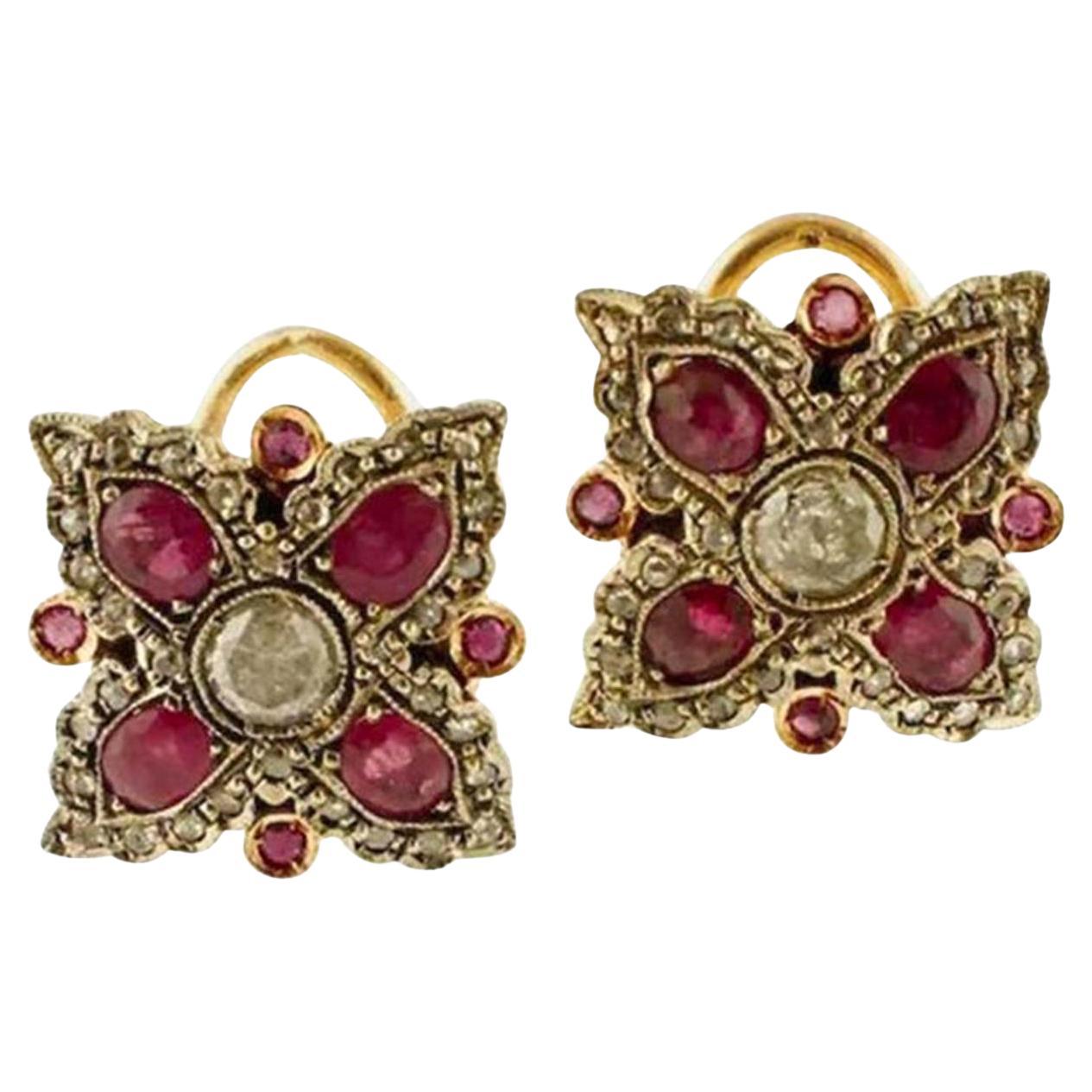 Handcrafted 9 Karat Rose Gold and Silver Diamonds, Rubies, Retrò Stud Earrings