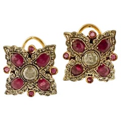 Handcrafted 9 Karat Rose Gold and Silver Diamonds, Rubies, Retrò Stud Earrings