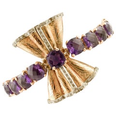 Retro Handcrafted 9 Karat Rose Gold Bow Amethyst, Topazs, Diamonds, Bracelet