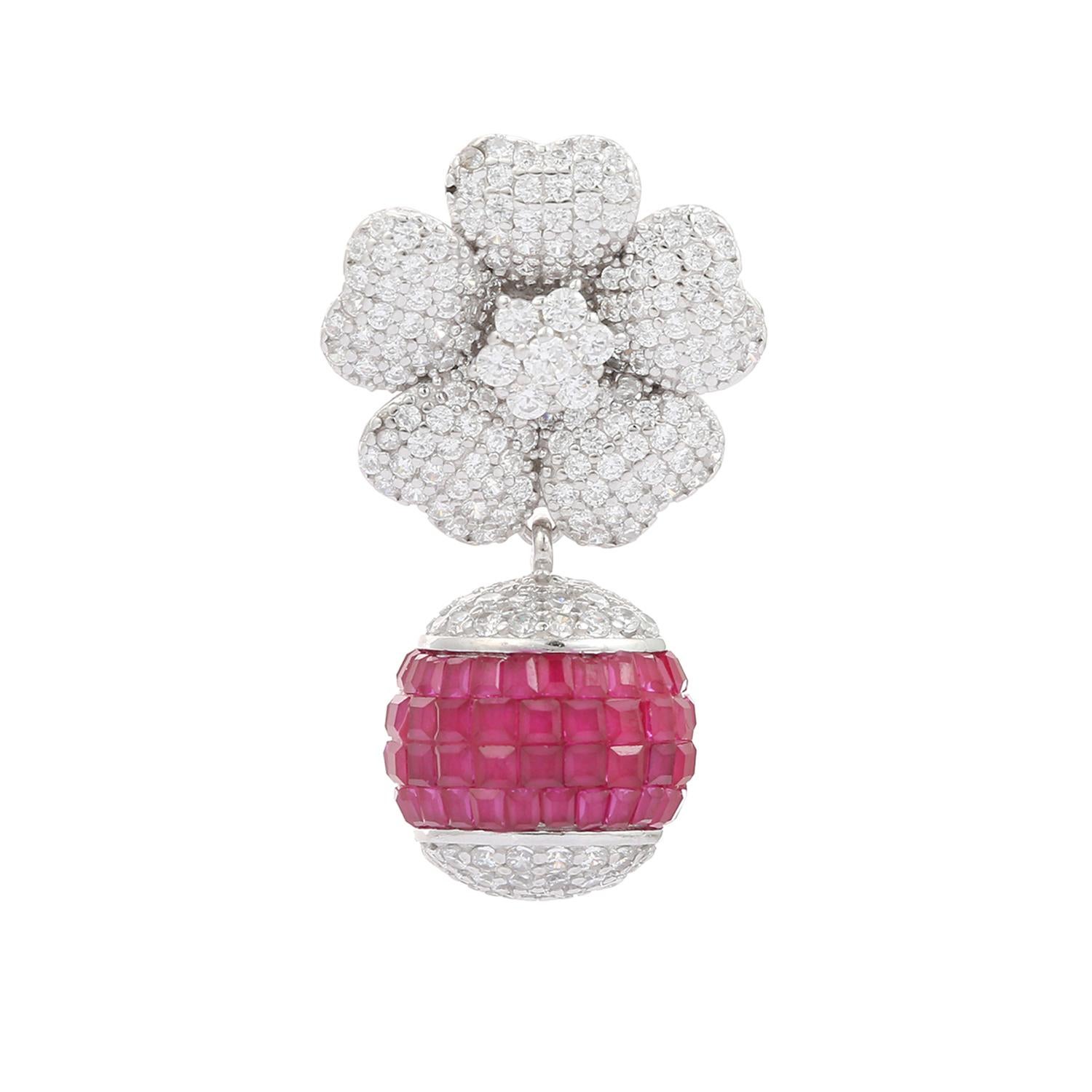 Art Nouveau Orecchino a goccia con globo di zirconia rosa da 9,2 carati fatto a mano per il regalo di Capodanno in vendita