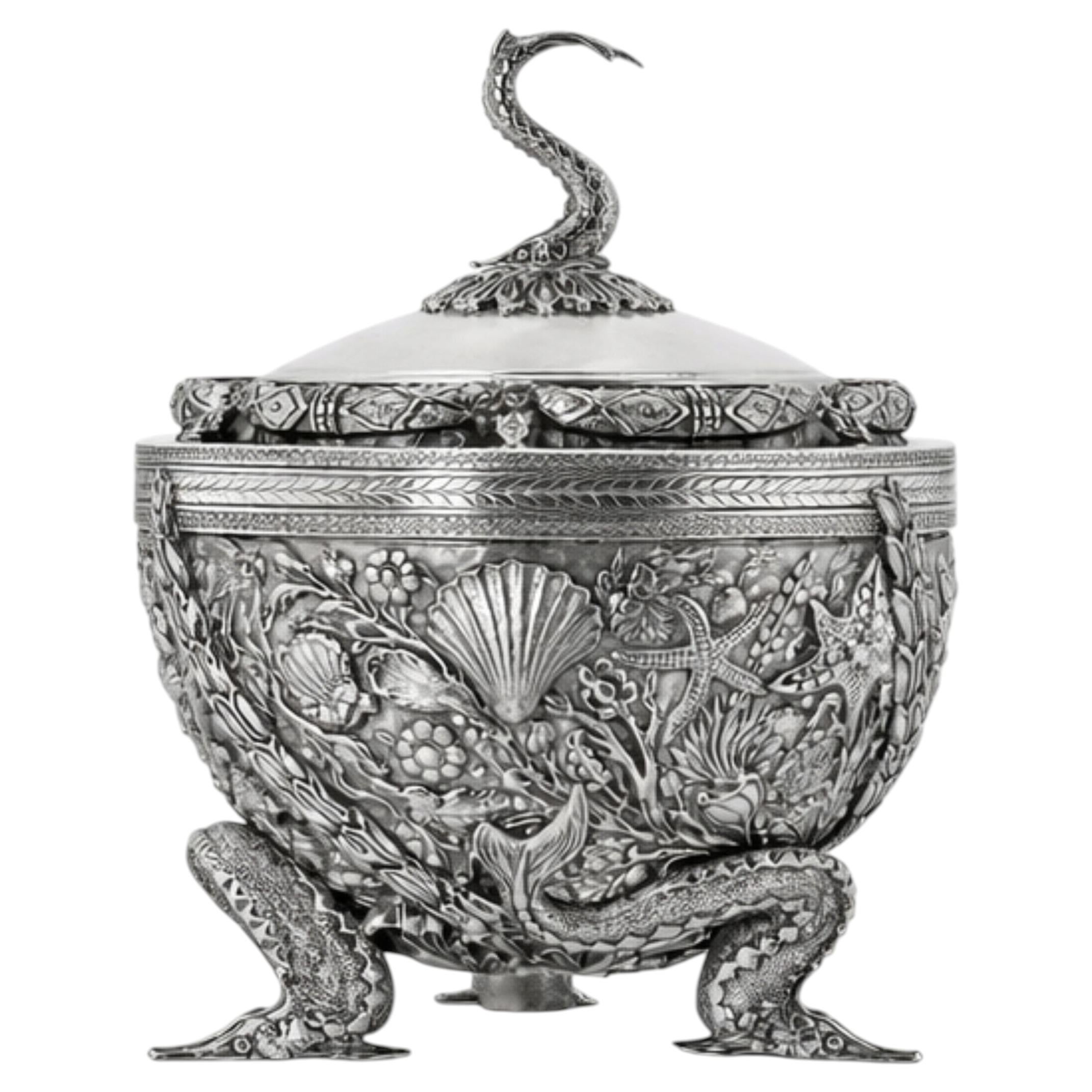 Handcrafted 925 Sterling Silver Ocean Life Caviar Server with Sturgeon Motifs For Sale