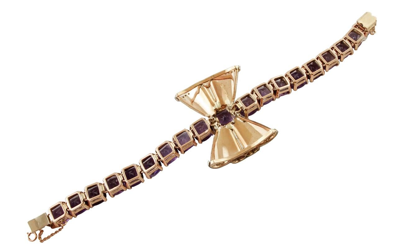 Mixed Cut Handcrafted 9 Karat Rose Gold Bow Amethyst, Topazs, Diamonds, Bracelet For Sale