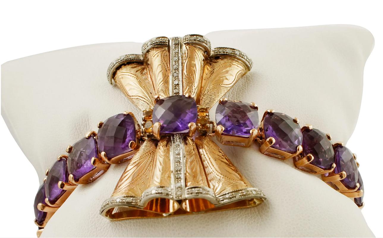 Handcrafted 9 Karat Rose Gold Bow Amethyst, Topazs, Diamonds, Bracelet In Good Condition For Sale In Marcianise, Marcianise (CE)