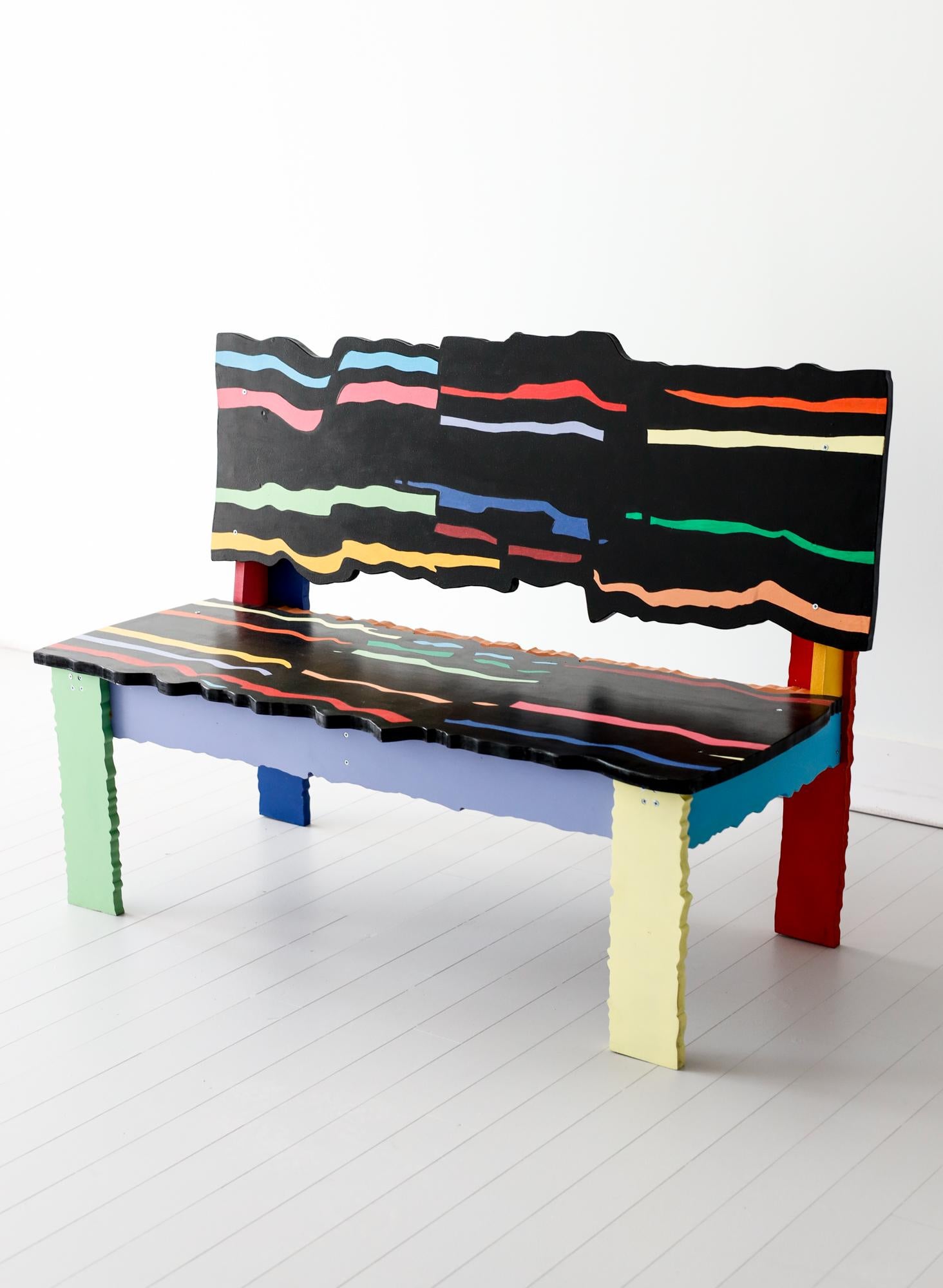 Post-Modern Handcrafted abstract sculptural bench in artist-painted wood For Sale