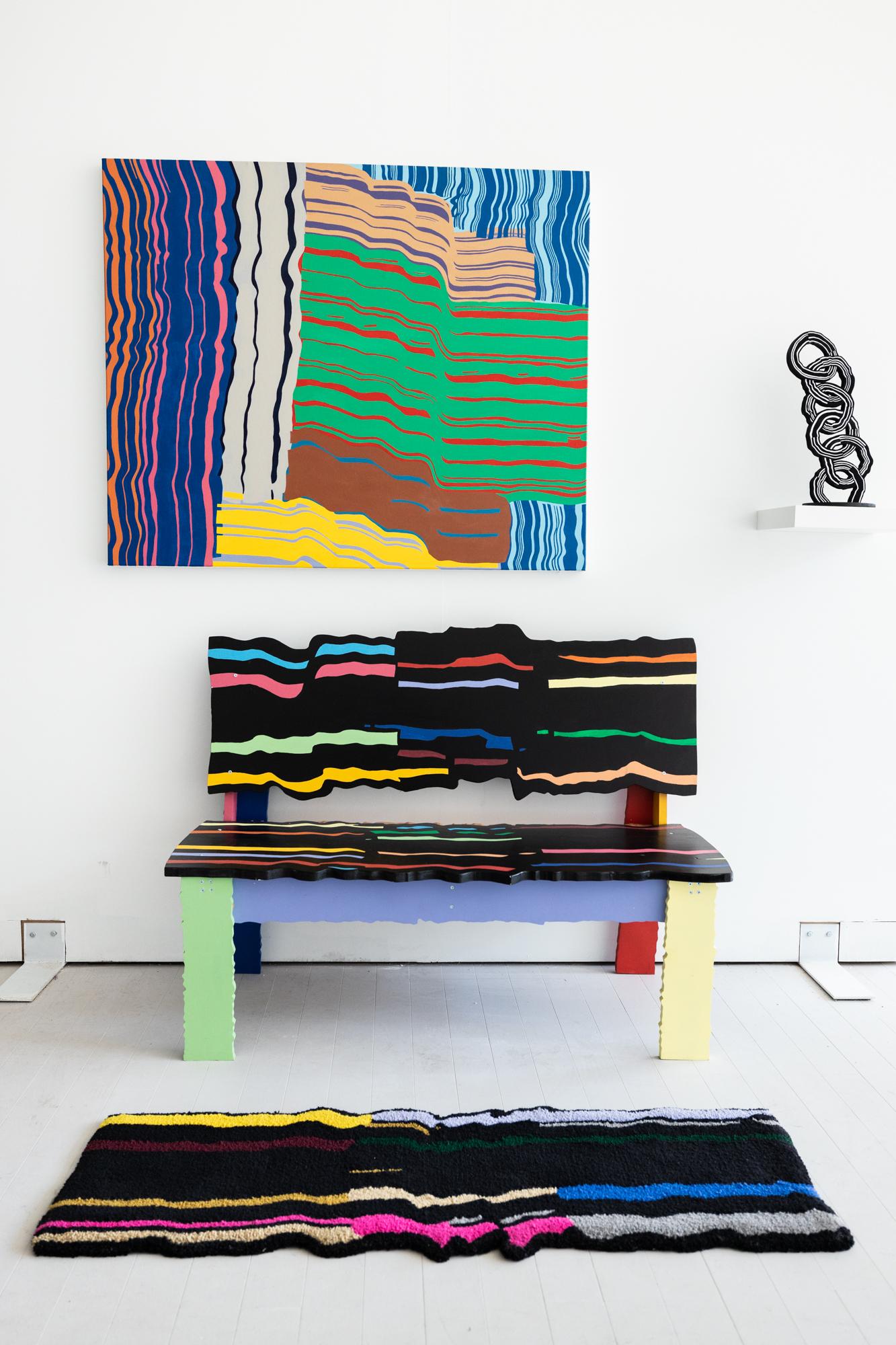 Enamel Handcrafted abstract sculptural bench in artist-painted wood For Sale