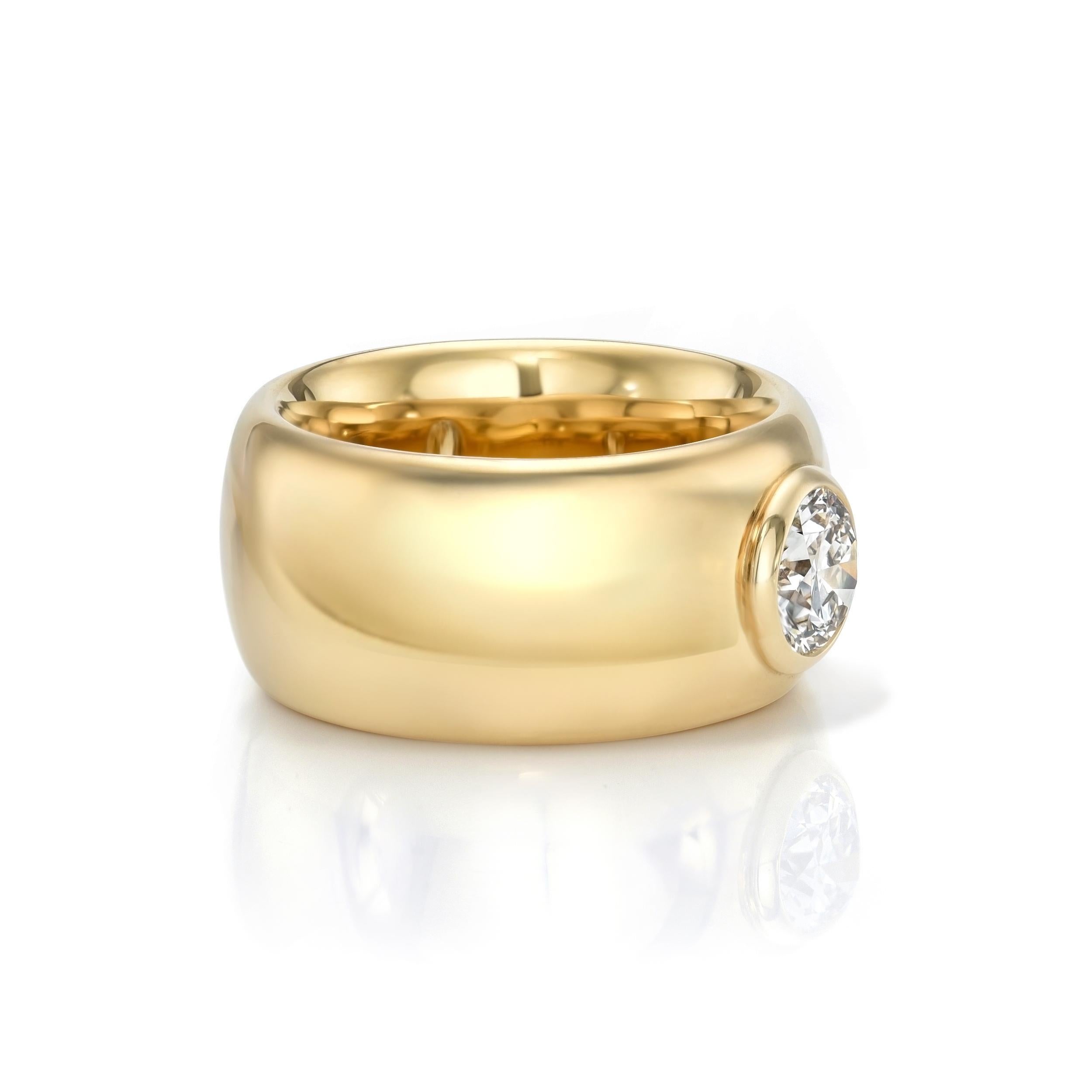 1.00ct J/SI2 GIA certified old European cut diamond bezel set in a handcrafted 18K yellow gold wide dome mounting.
