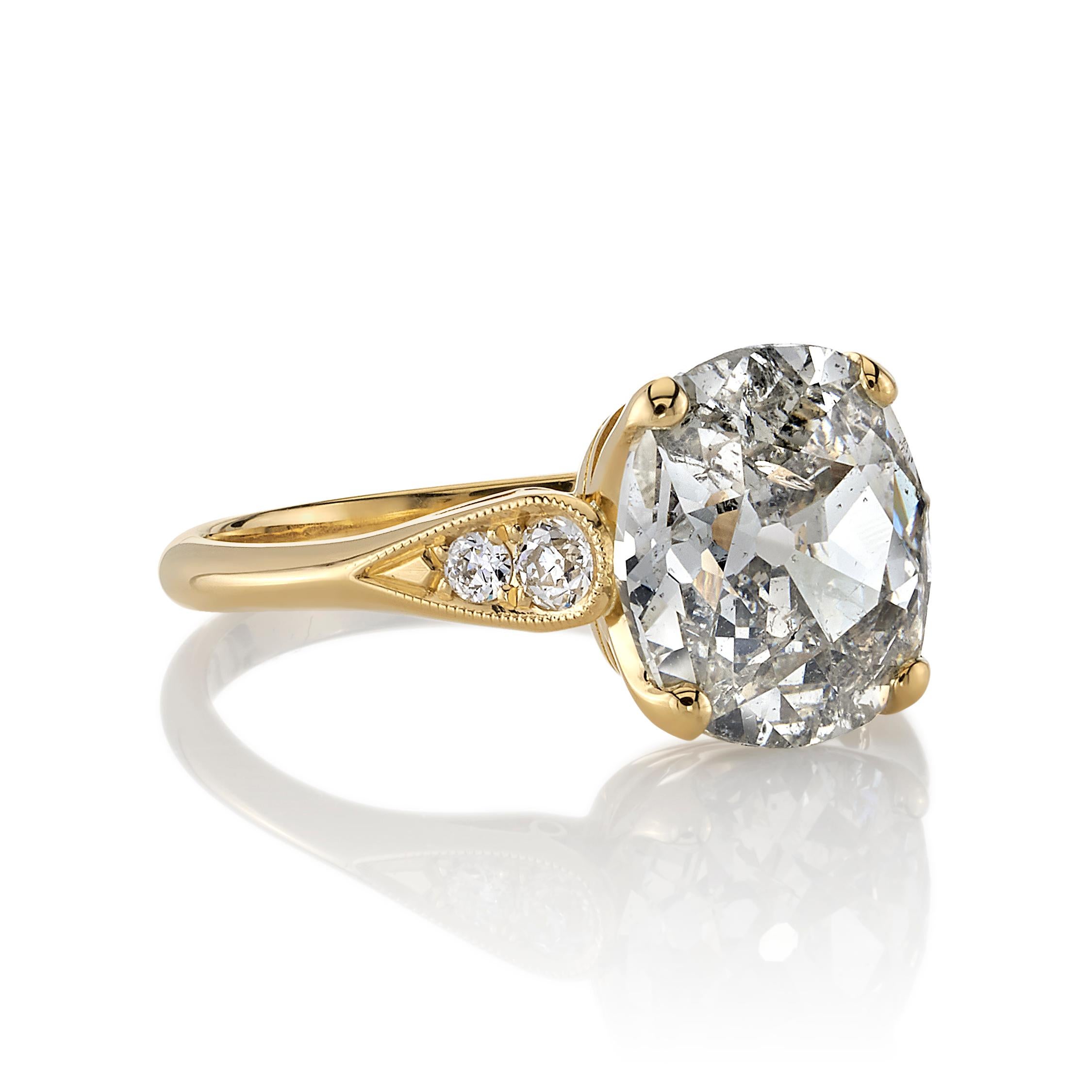 3.03ctw J/I2 GIA certified antique cushion cut diamond with 0.15ctw old European cut accent diamonds set in a handcrafted 18K yellow gold mounting.

Ring is currently a size 6 and can be sized to fit.

Our jewelry is made locally in Los Angeles and