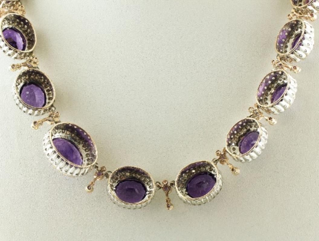 Retro Handcrafted Amethyst, 9 Karat Rose Gold and Silver, Vintage Necklace For Sale