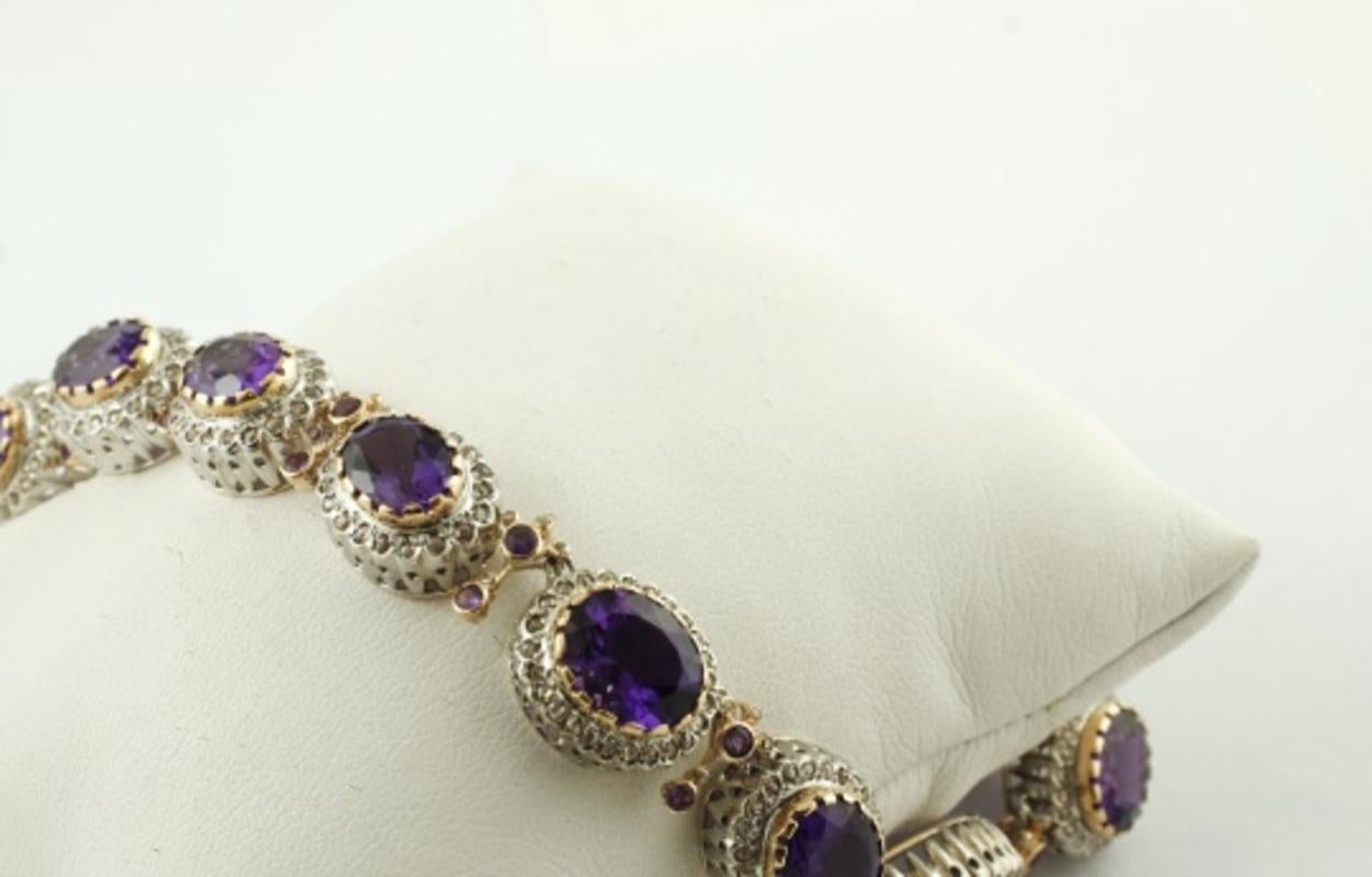 Mixed Cut Handcrafted Amethyst, 9 Karat Rose Gold and Silver, Vintage Necklace For Sale
