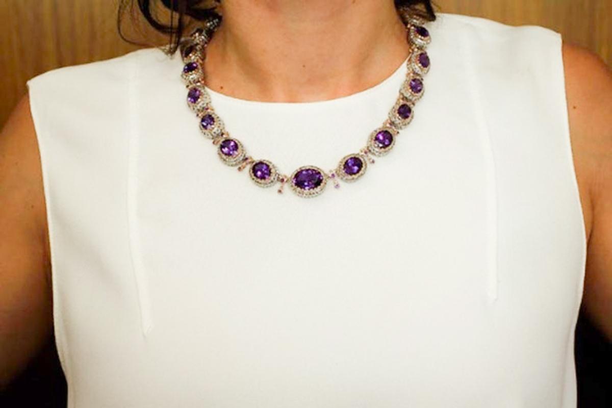 Women's Handcrafted Amethyst, 9 Karat Rose Gold and Silver, Vintage Necklace For Sale