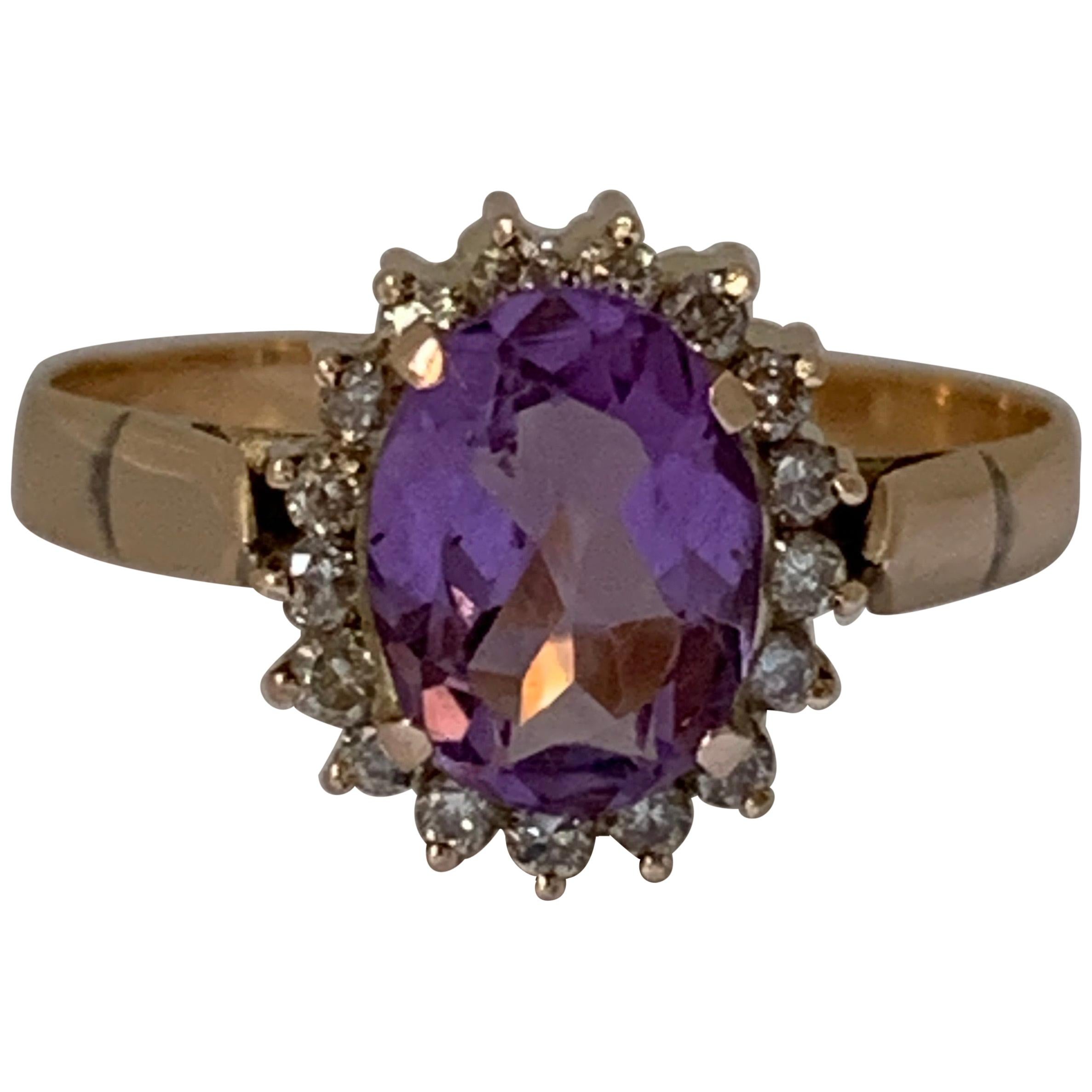 Handcrafted Amethyst and Diamond Set in 14 Karat Yellow Gold Ring For Sale