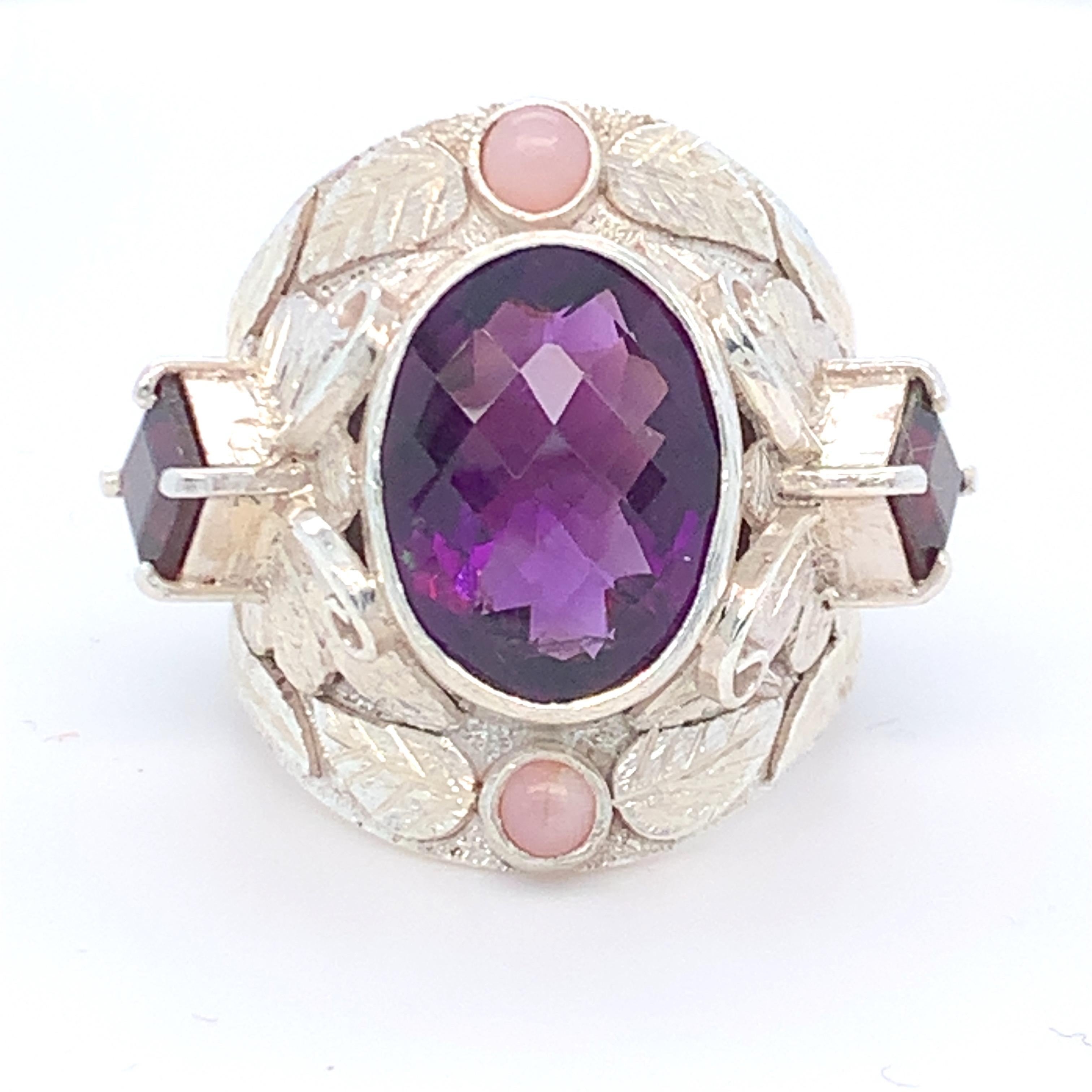 Handcrafted Amethyst Garnet and Pink Opal Cocktail Ring in Sterling Silver For Sale 3