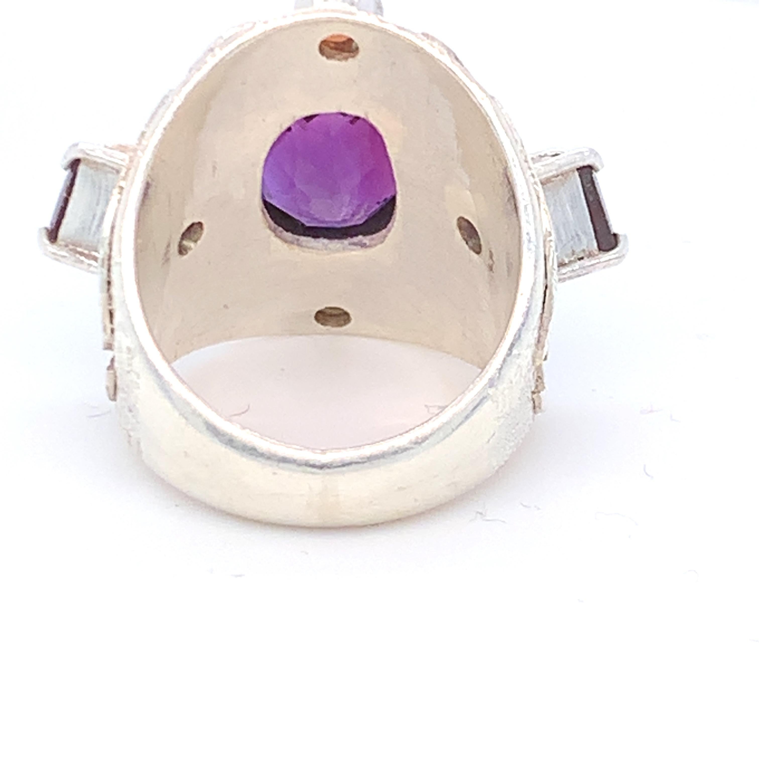 Handcrafted Amethyst Garnet and Pink Opal Cocktail Ring in Sterling Silver For Sale 5