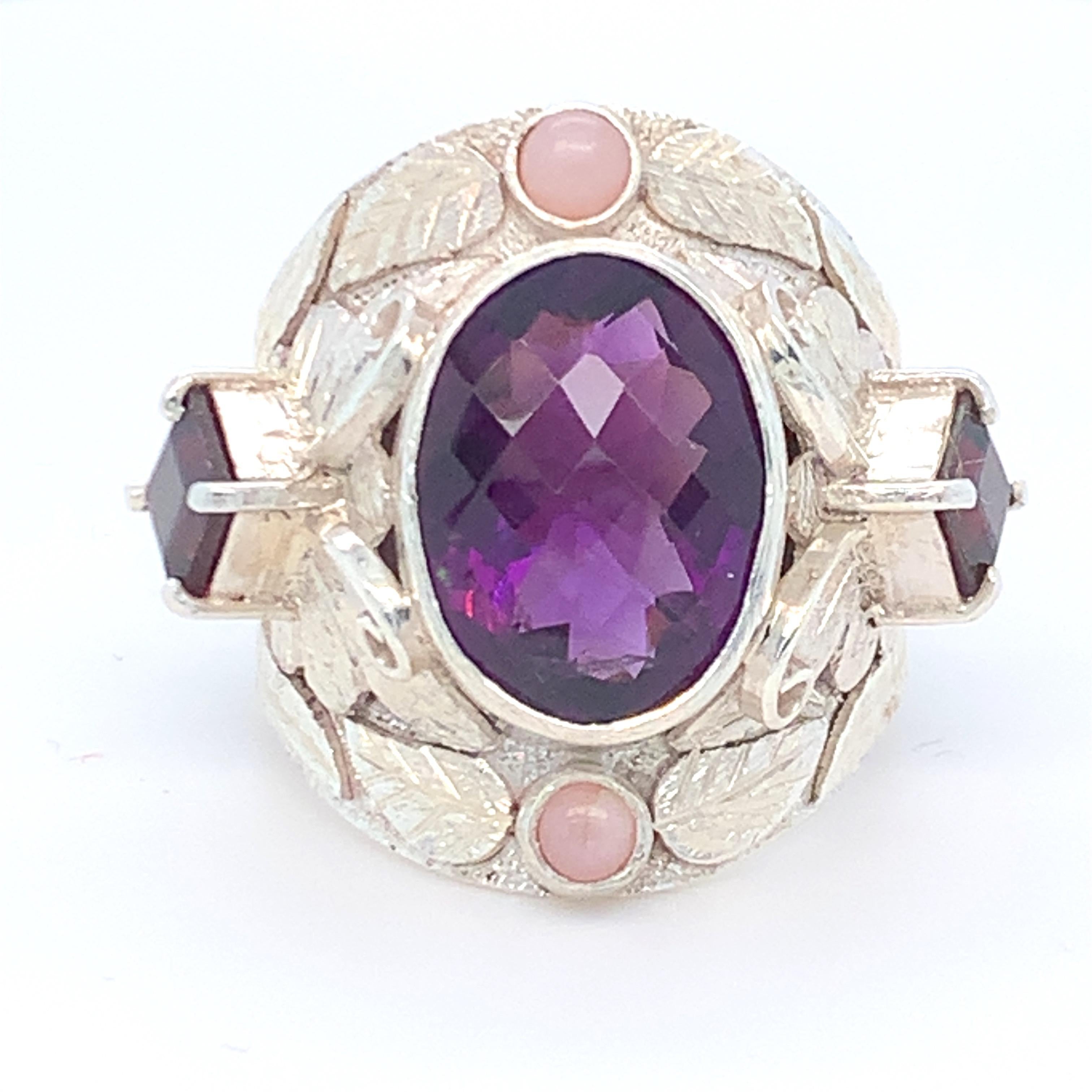 Handcrafted Amethyst Garnet and Pink Opal Cocktail Ring in Sterling Silver For Sale 6