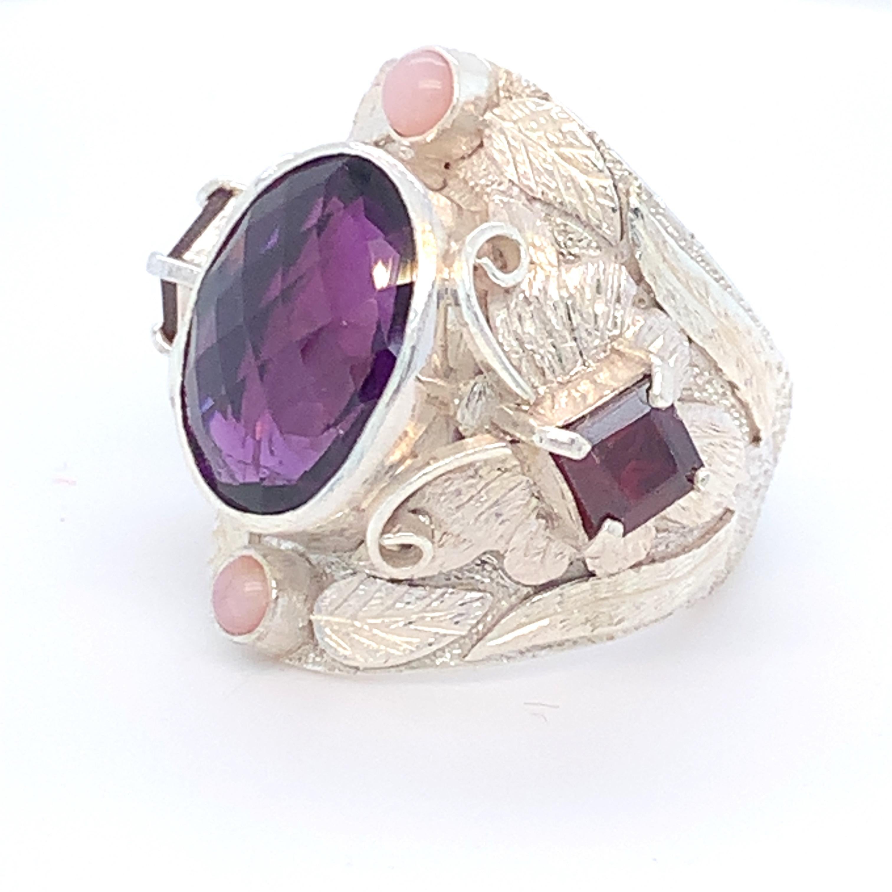 Handcrafted Amethyst Garnet and Pink Opal Cocktail Ring in Sterling Silver For Sale 7