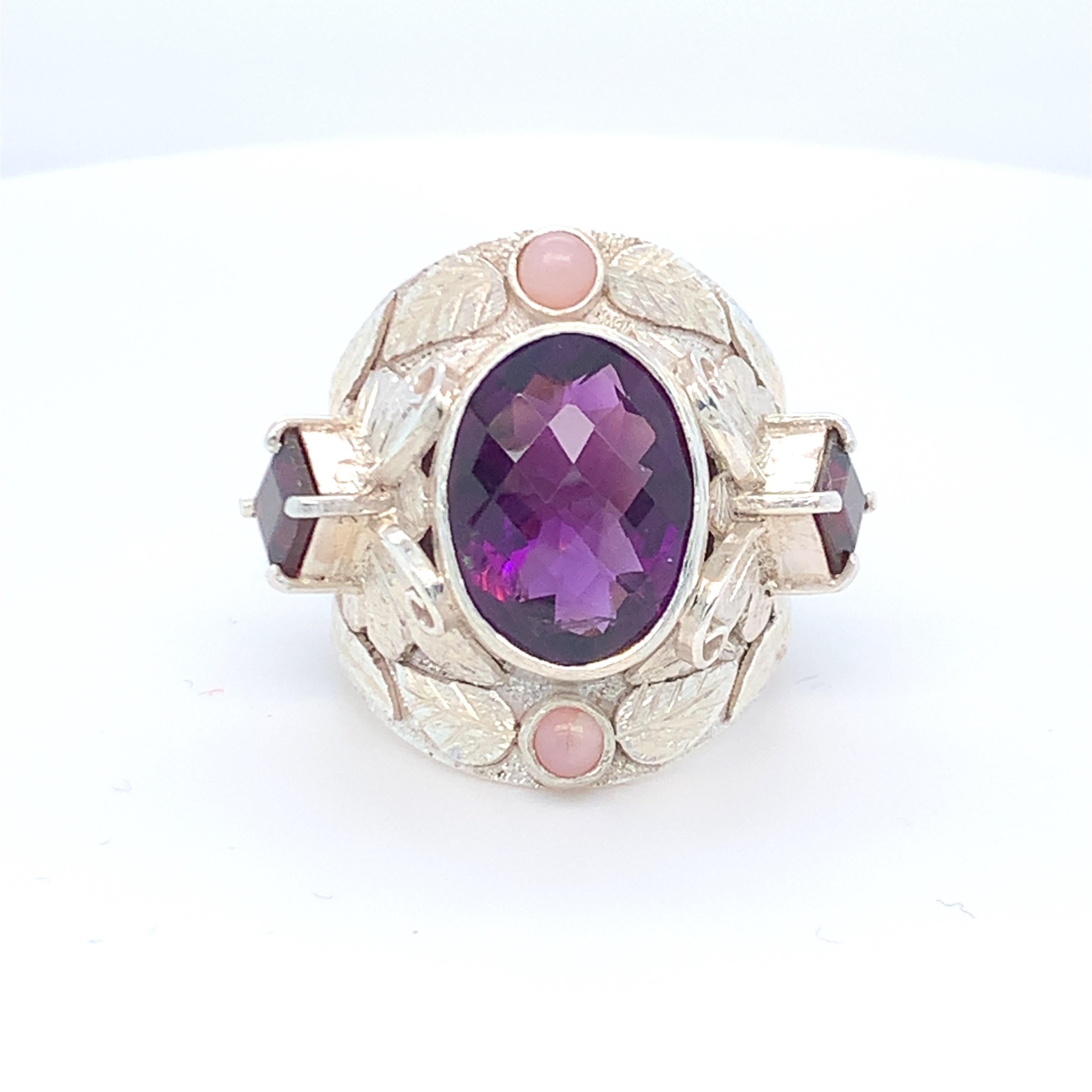 Oval Cut Handcrafted Amethyst Garnet and Pink Opal Cocktail Ring in Sterling Silver For Sale