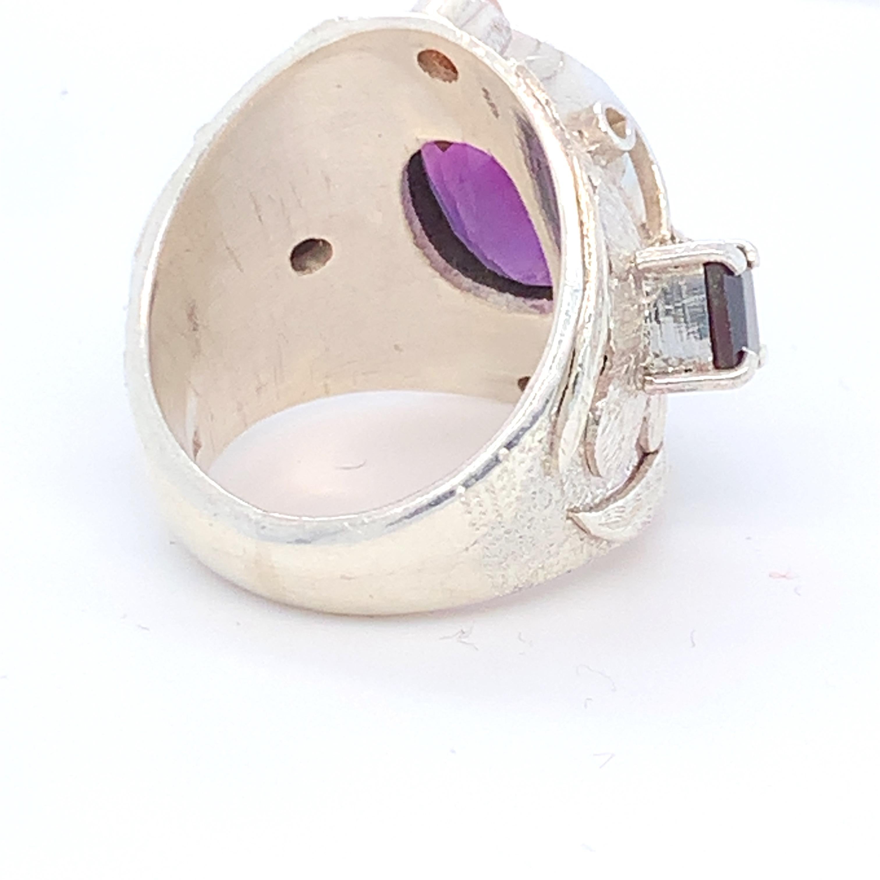 Handcrafted Amethyst Garnet and Pink Opal Cocktail Ring in Sterling Silver In New Condition For Sale In Trumbull, CT