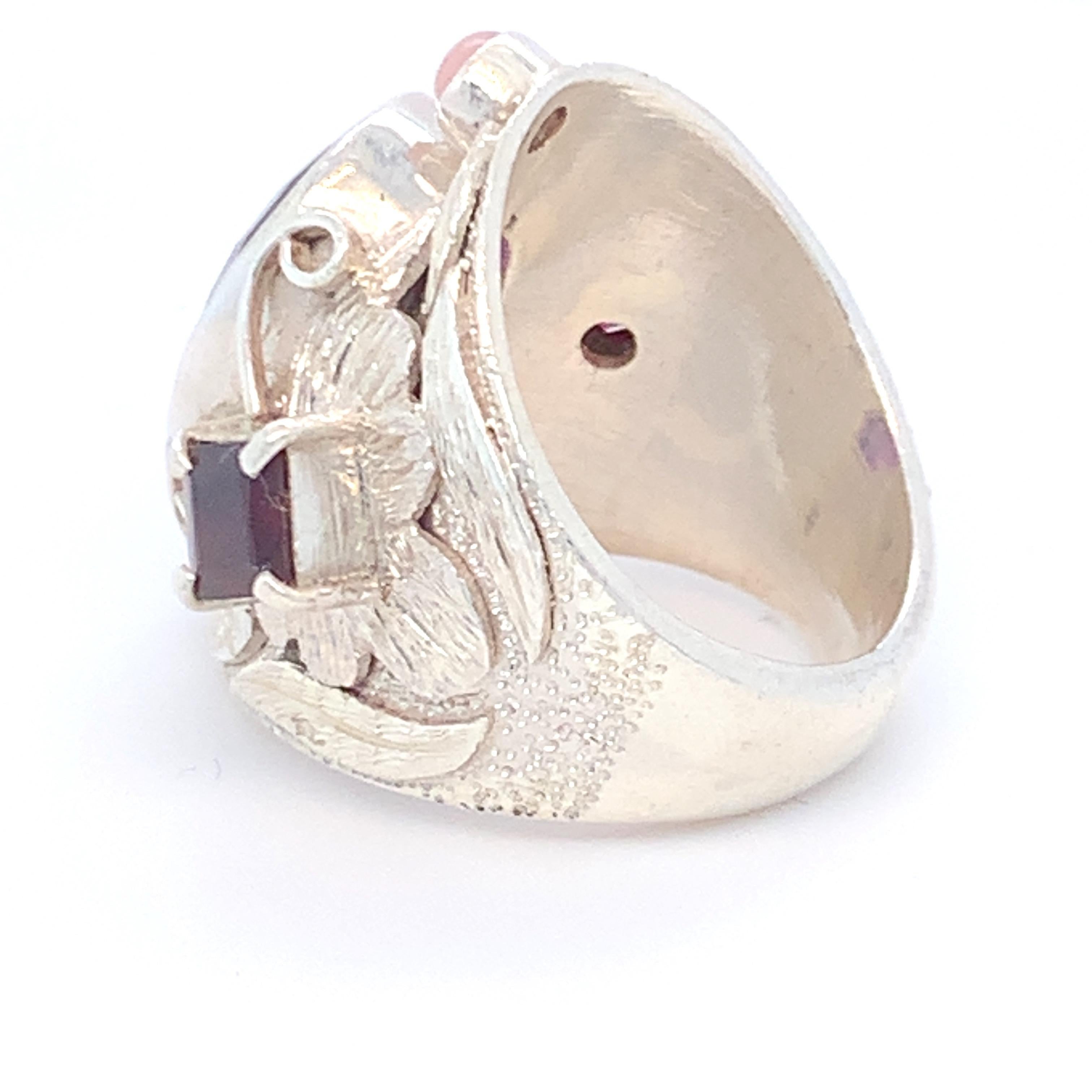 Women's Handcrafted Amethyst Garnet and Pink Opal Cocktail Ring in Sterling Silver For Sale