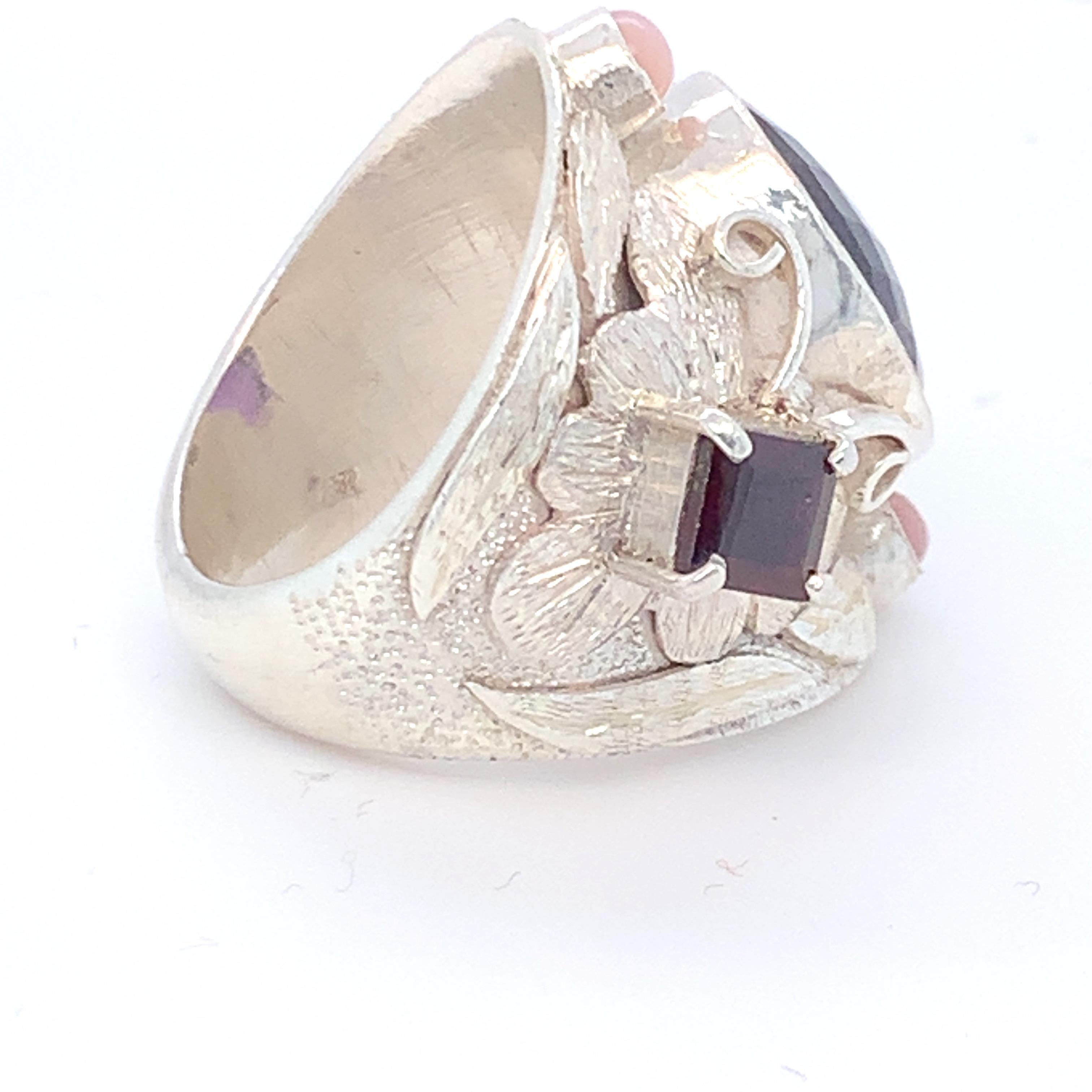 Handcrafted Amethyst Garnet and Pink Opal Cocktail Ring in Sterling Silver For Sale 1