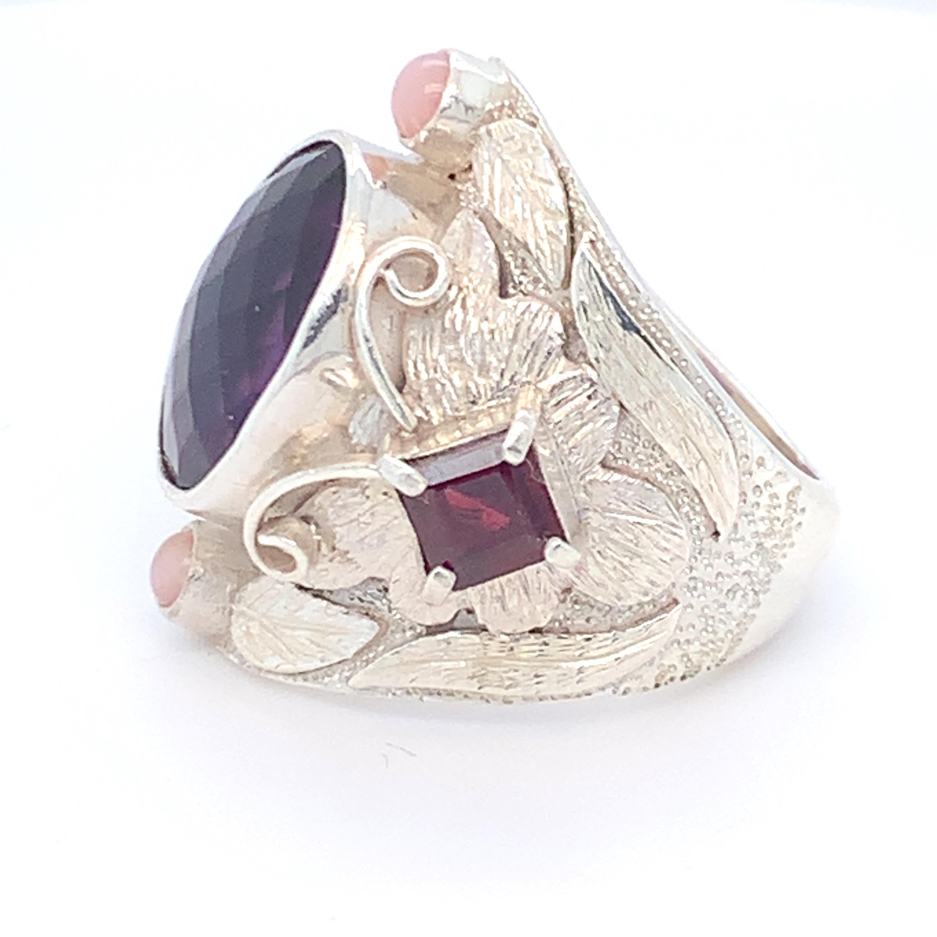 Handcrafted Amethyst Garnet and Pink Opal Cocktail Ring in Sterling Silver For Sale 2