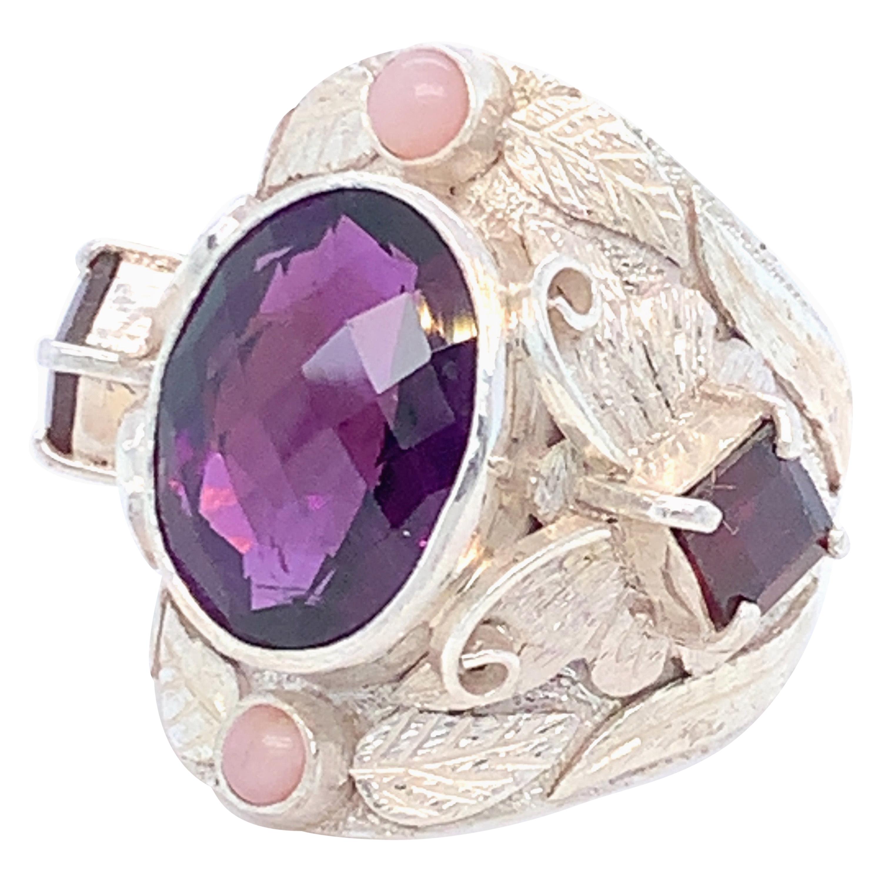 Cocktailring aus Sterlingsilber mit Amethyst-Granat und rosa Opal, handgefertigt