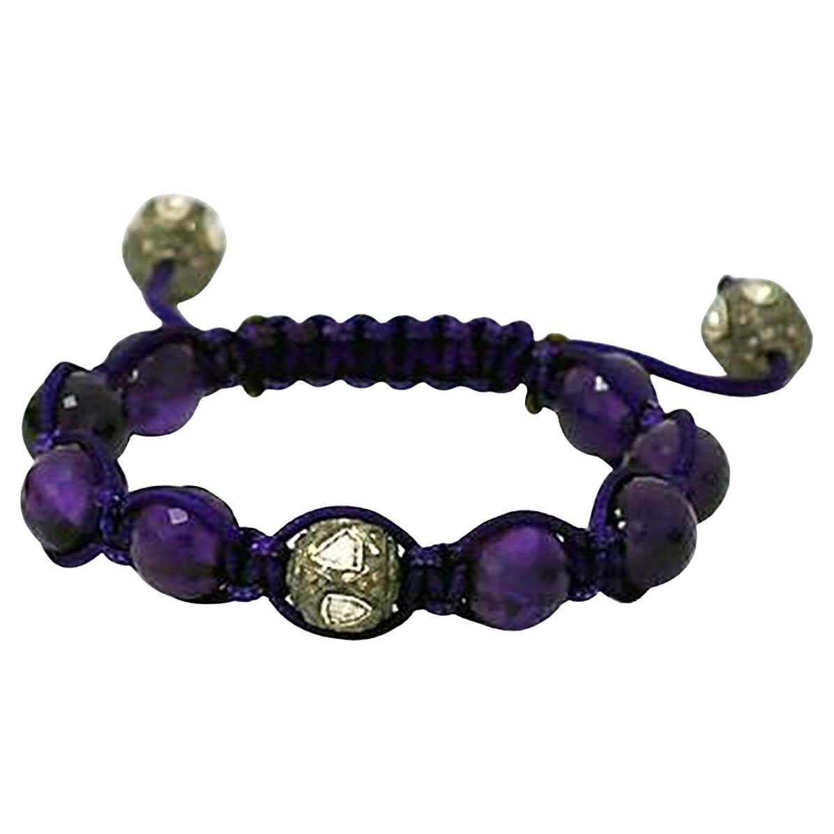 Handcrafted Amethyst 
Polki Diamond Bead Adjustable Macramé Bracelet For Sale