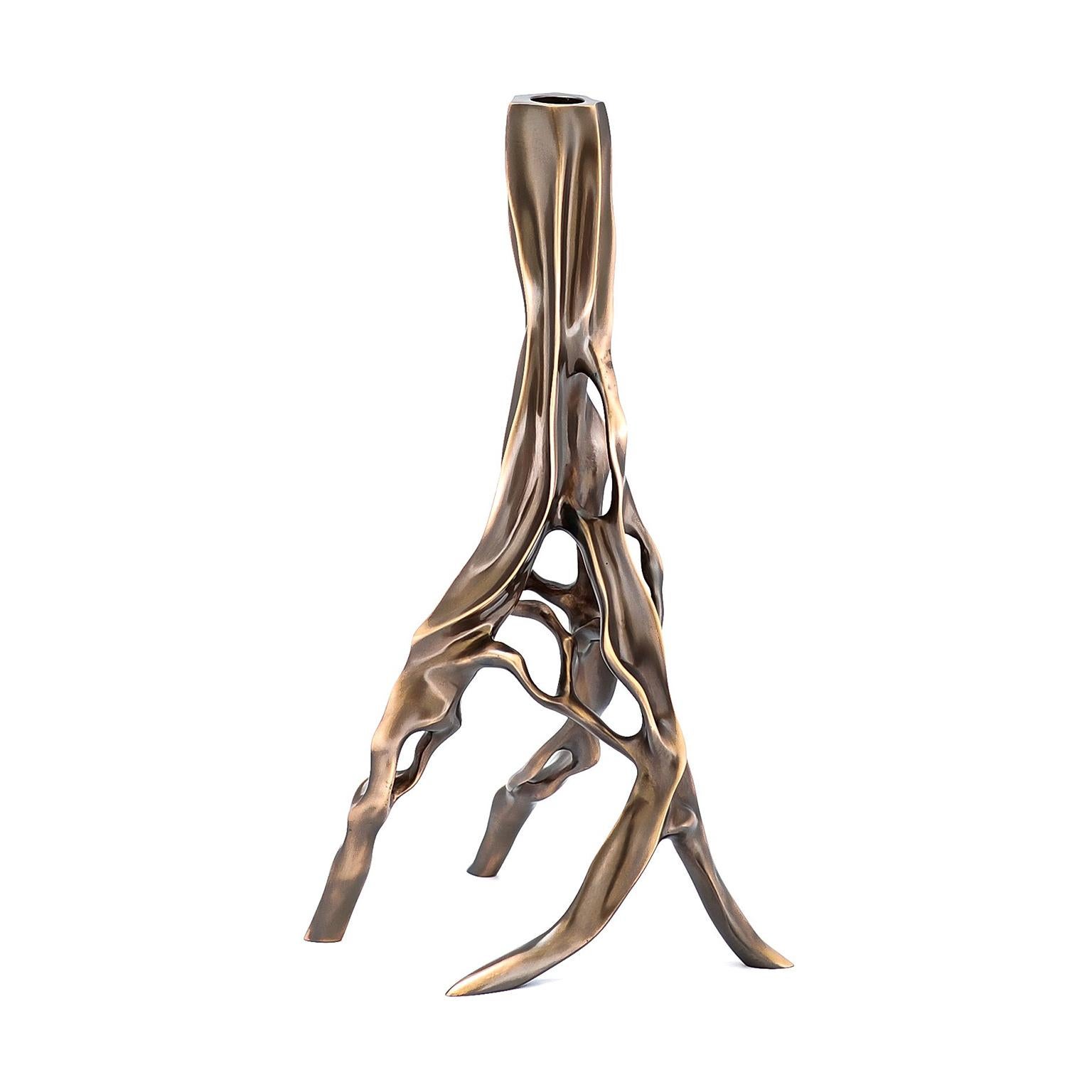 Alexia candleholder forged from cast dark bronze by Fakasaka.