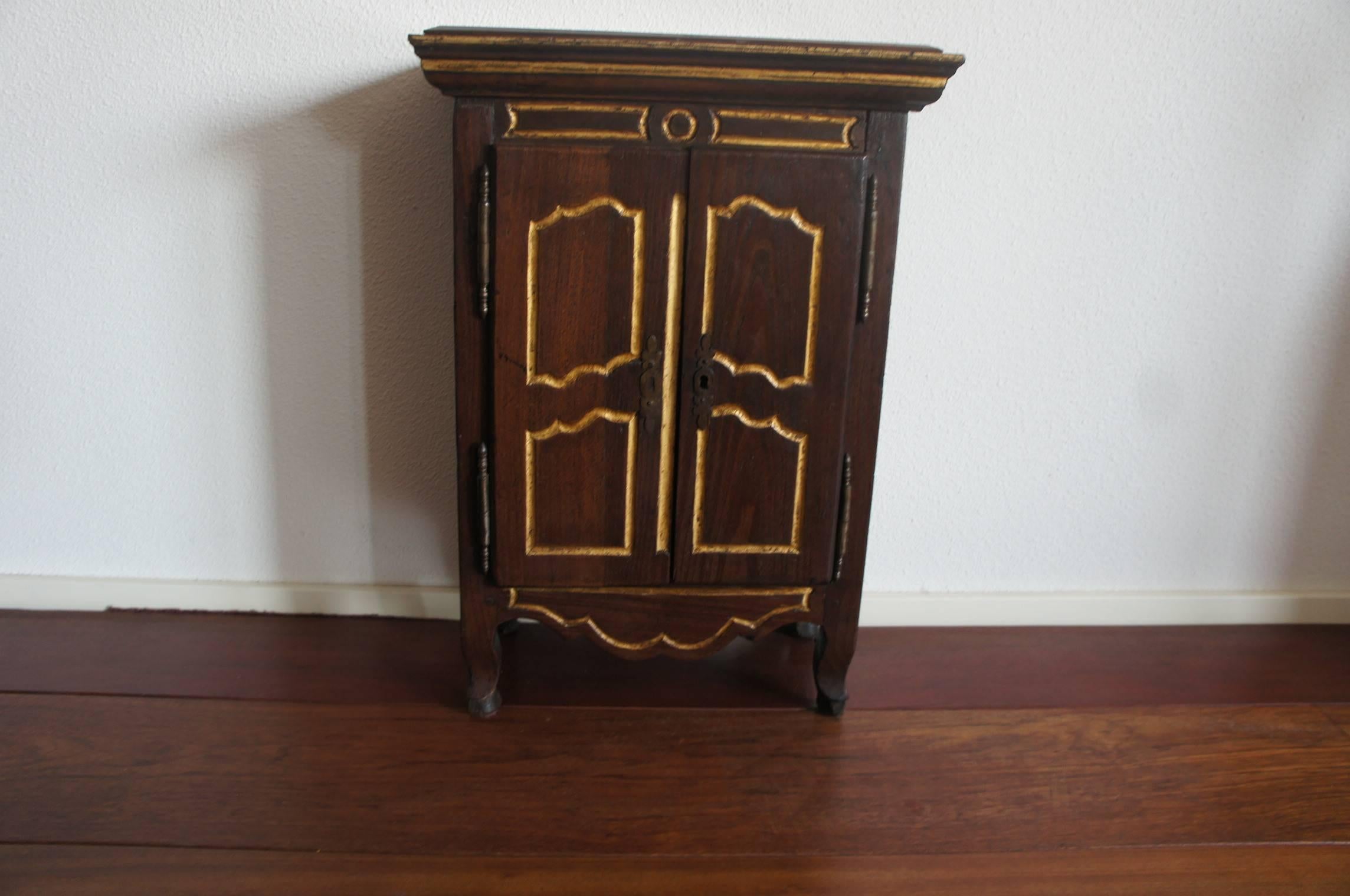 Belgian Handcrafted and Gilt Nutwood Miniature Cabinet with Silky Linen Interior