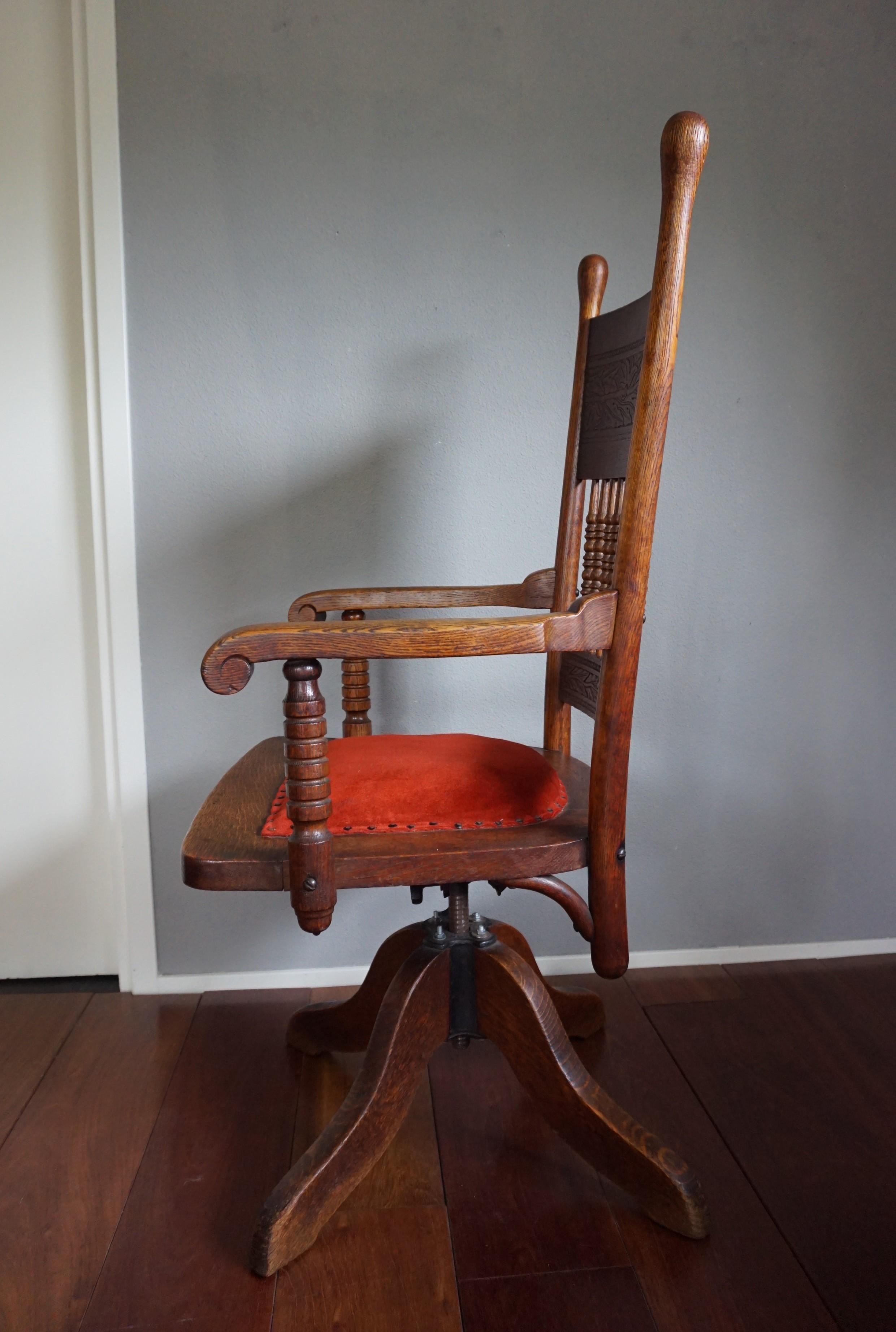 Handcrafted and Hand-Carved Adjustable American Arts & Crafts Oak Desk Chair 2