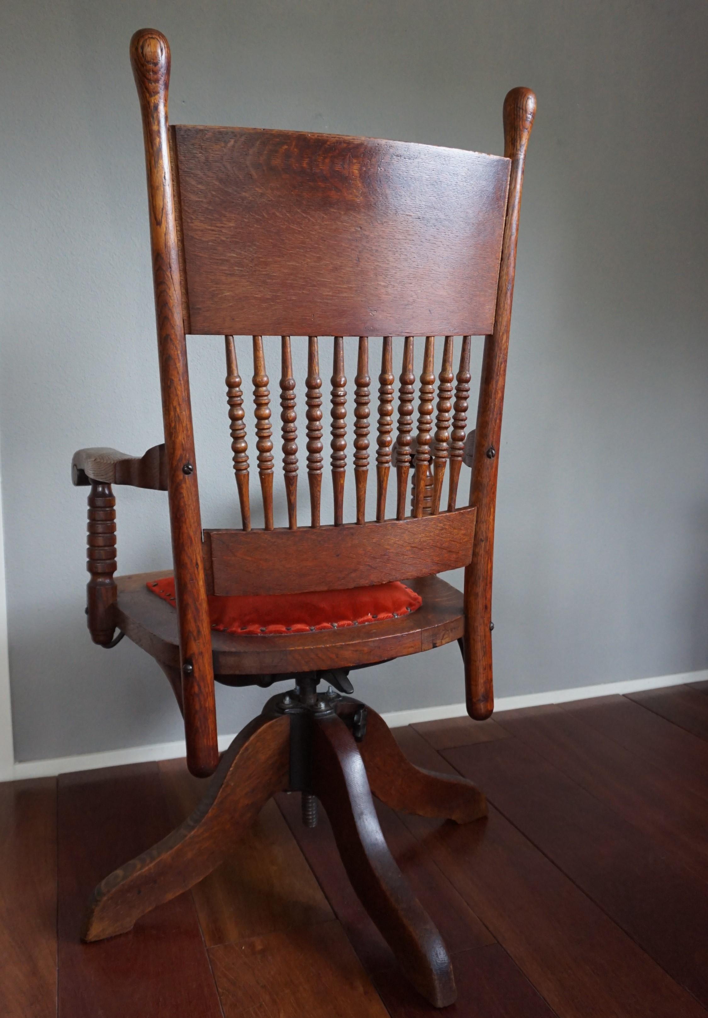 Arts and Crafts Handcrafted and Hand-Carved Adjustable American Arts & Crafts Oak Desk Chair