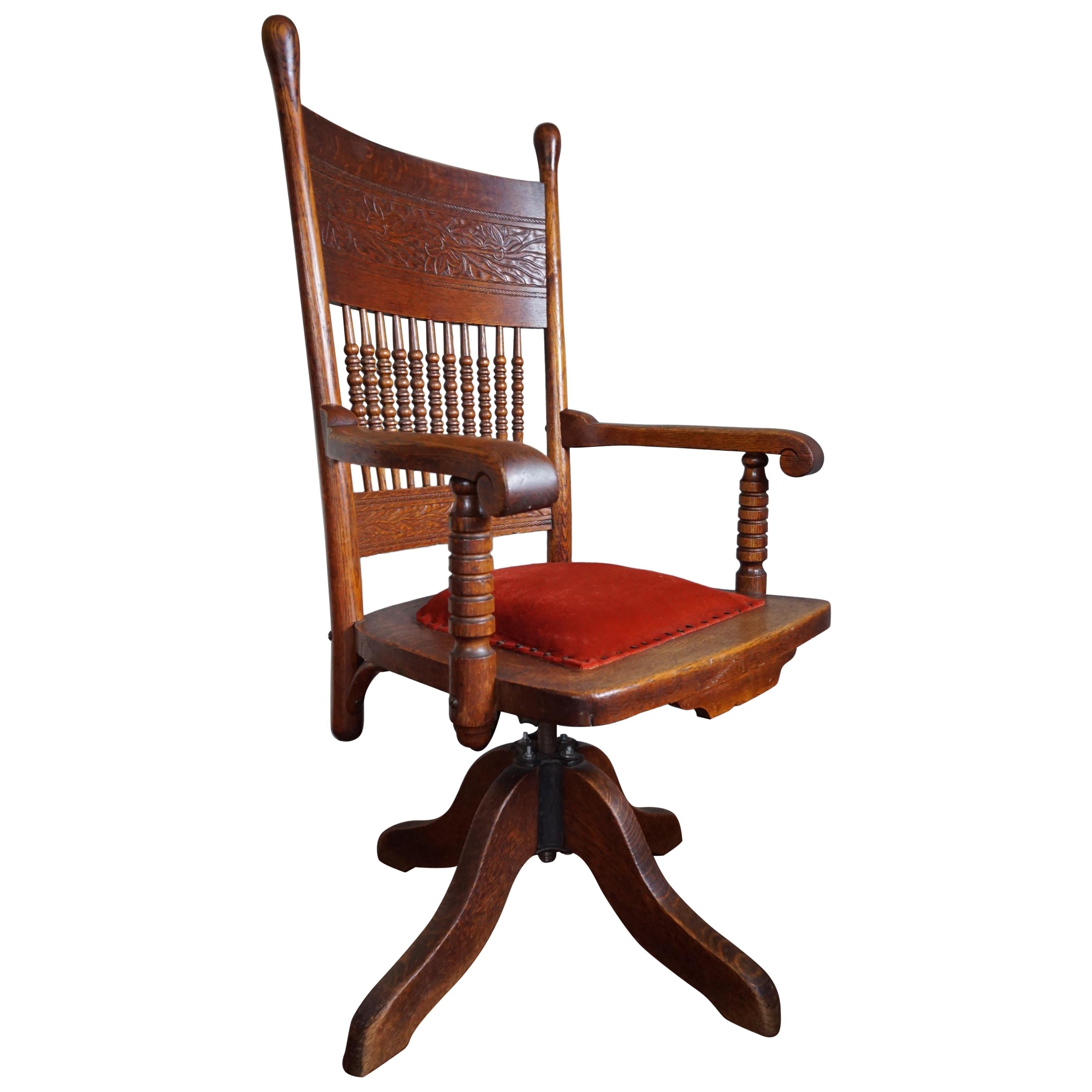 Handcrafted and Hand-Carved Adjustable American Arts & Crafts Oak Desk Chair