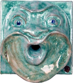 Handcrafted and hand painted Majolica Wall fountain with basin and pedestal