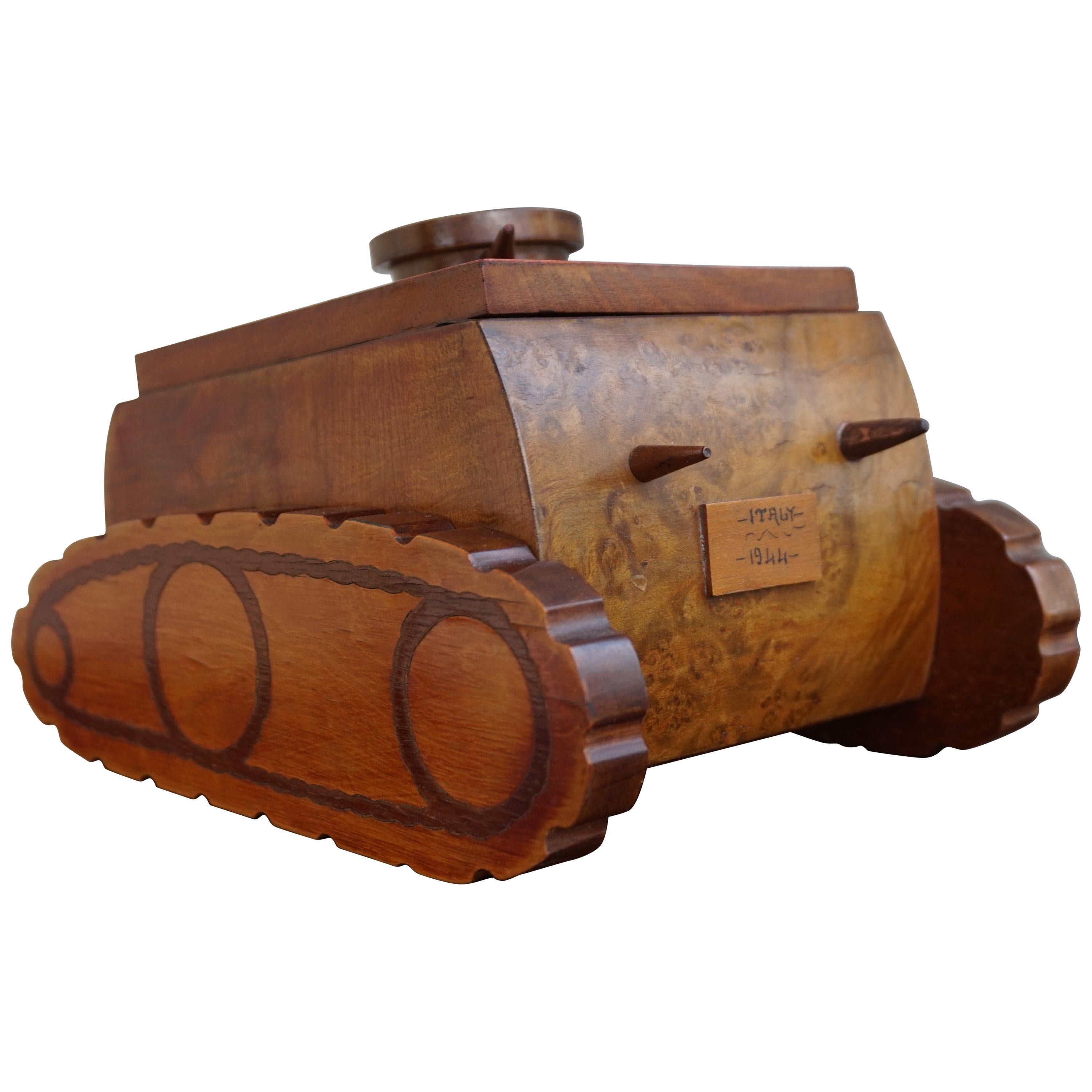Handcrafted and Inlaid World War II Italian Nutwood Tank Design Cigarette Box