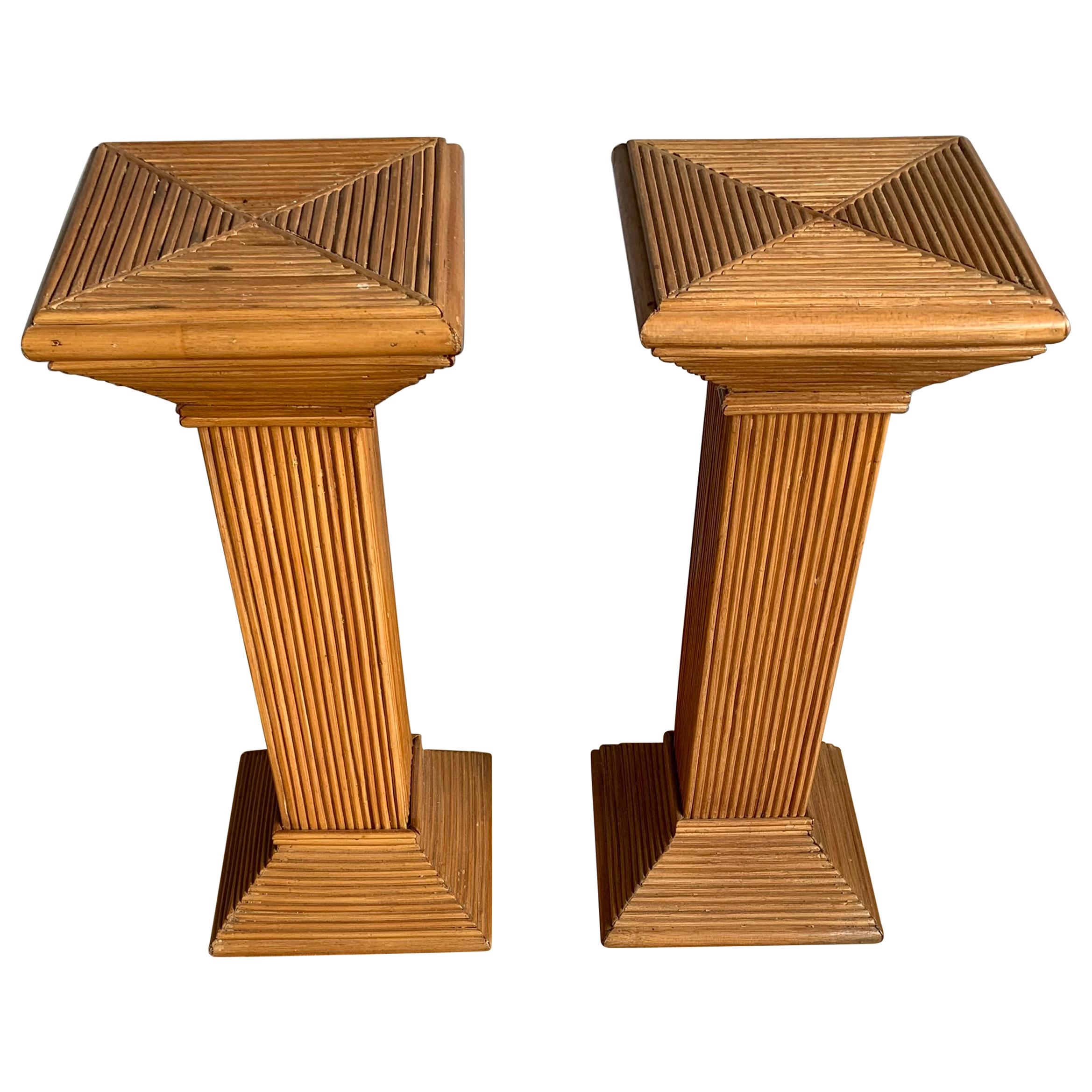 Handcrafted and Stylish Pair of Midcentury Modern Rattan Pedestal