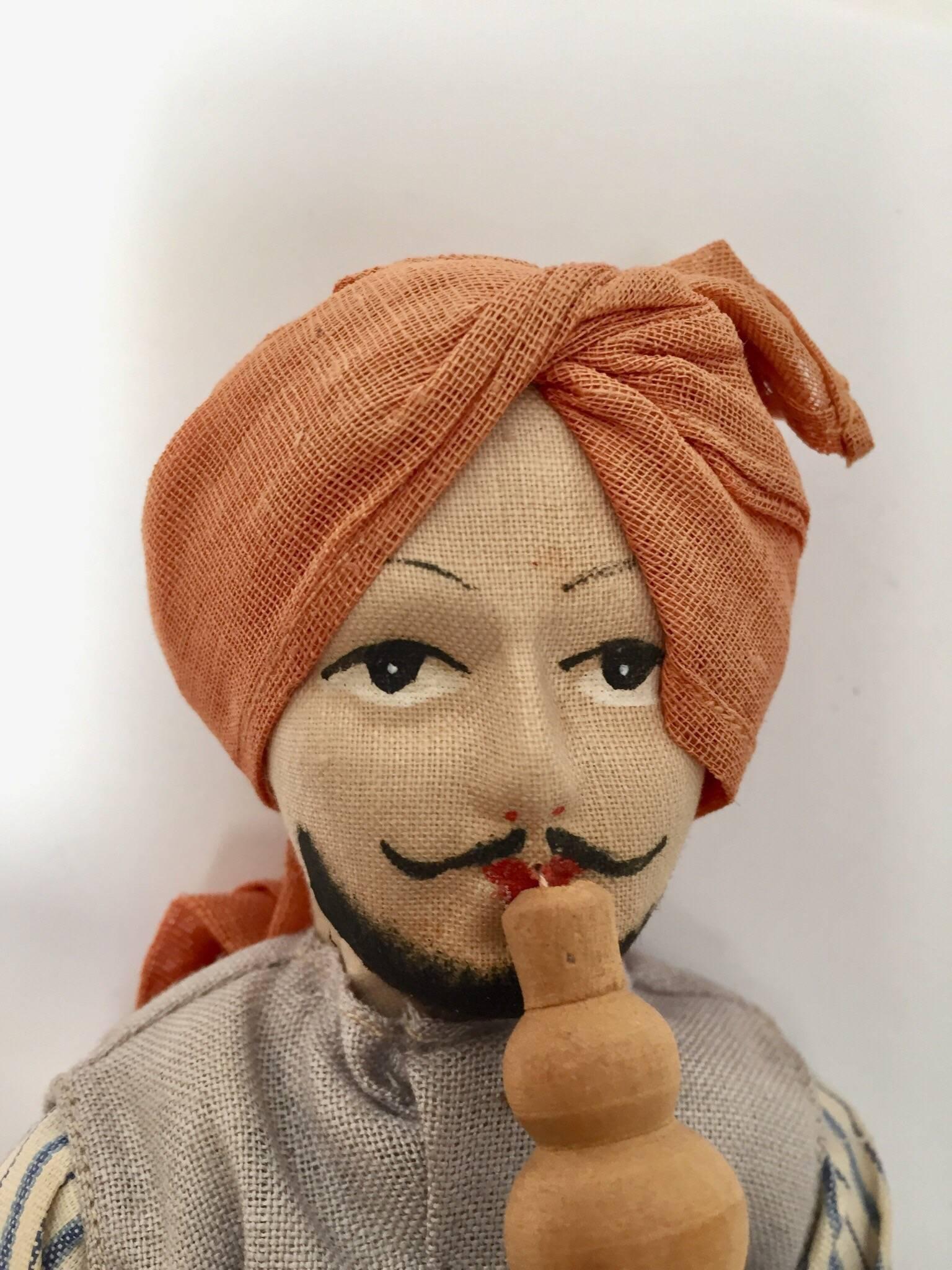 Indian Handcrafted Anglo-Raj Vintage Stuffed Sitting Snake Charmer Doll, India